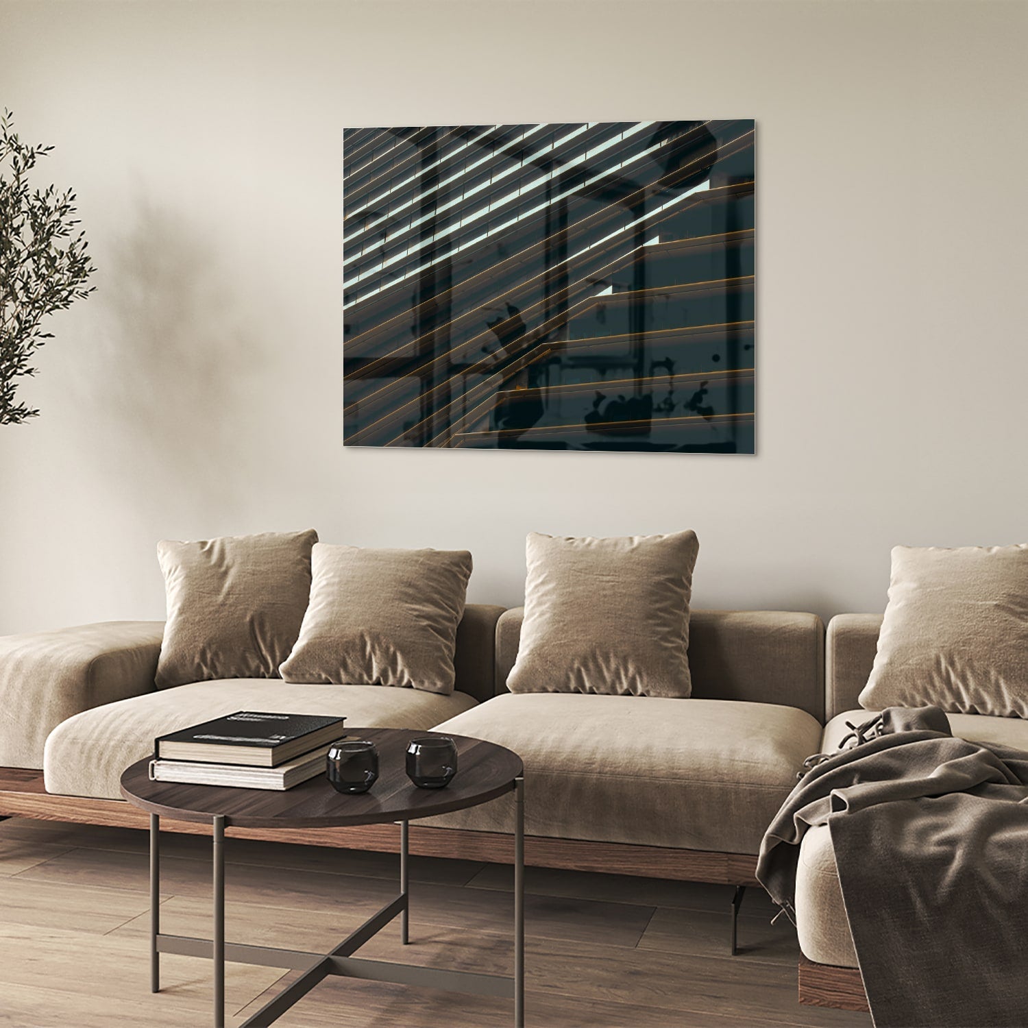 Modernes Glasbild mit schwarzen Linien und Licht