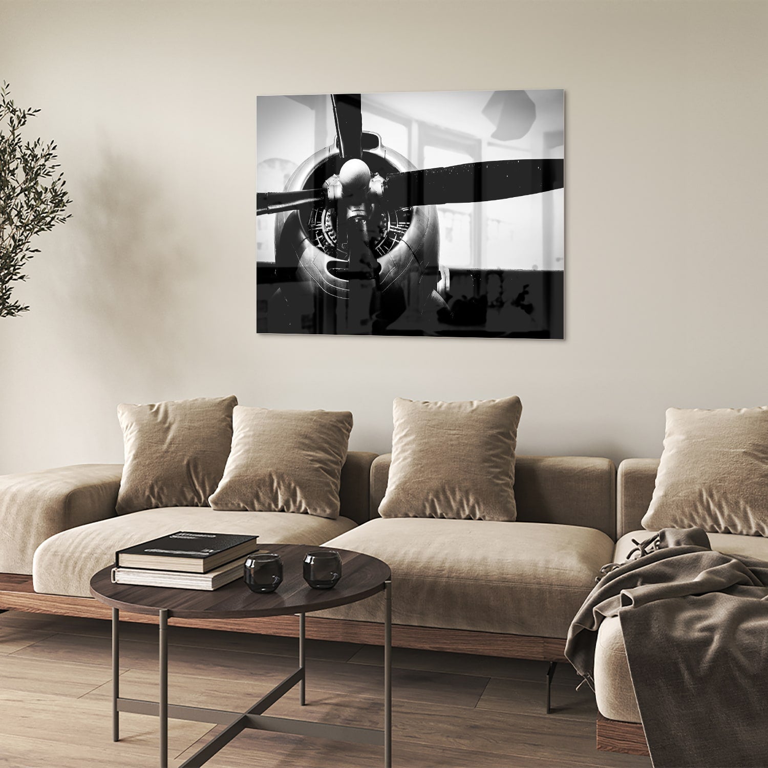 Schwarz-Weiß-Glasbild mit Vintage-Flugzeugpropeller