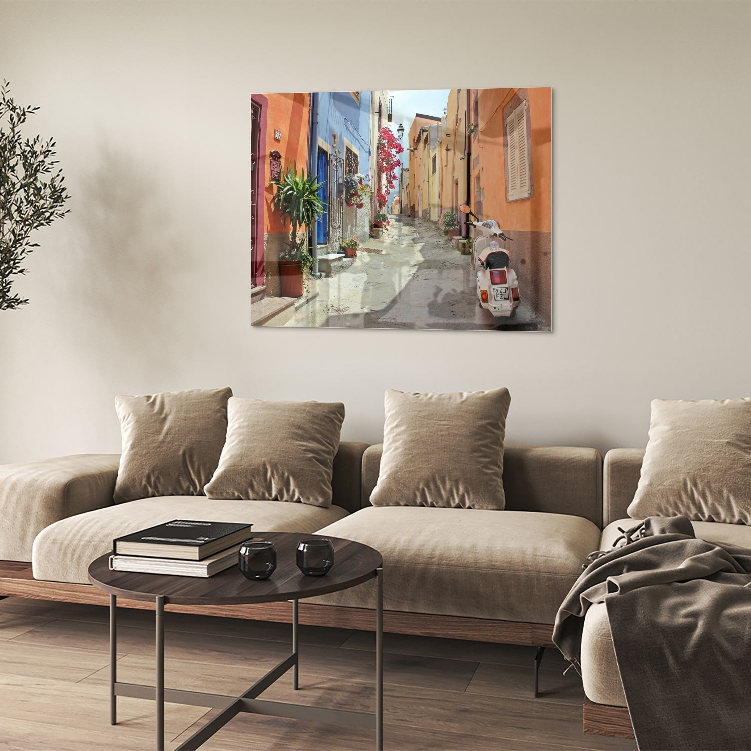 Buntes Glasbild mit Vespa auf einer Straße