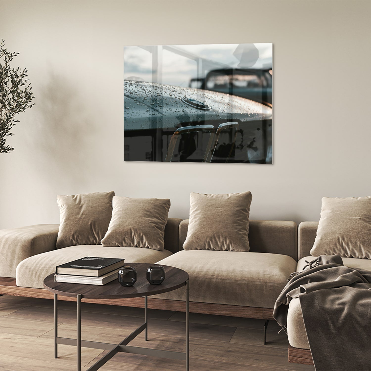 Glasbild mit nasser Autoscheibe – Stilvolles Interieur