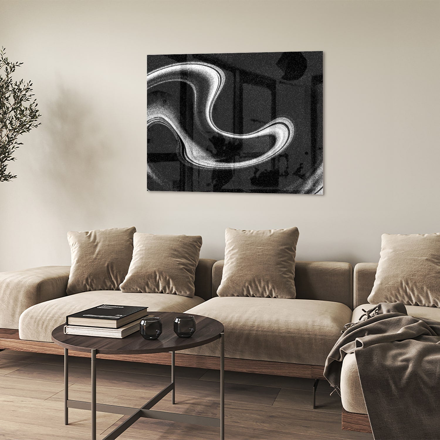 Schwarz-Weiß-Glasbild mit wellenförmigen Linien