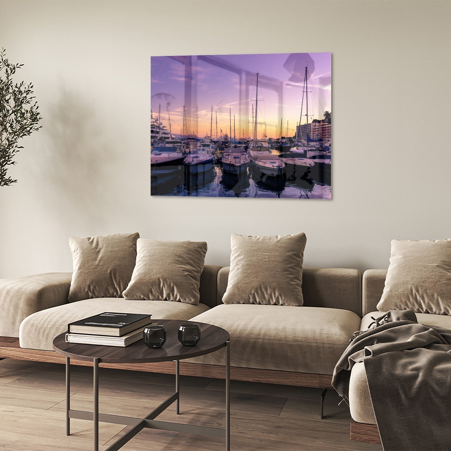 Glasbild mit Sonnenuntergang am Hafen