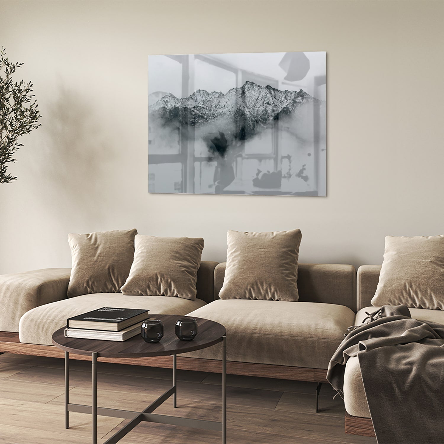 Elegantes Glasbild mit Bergen in Schwarz-Weiß