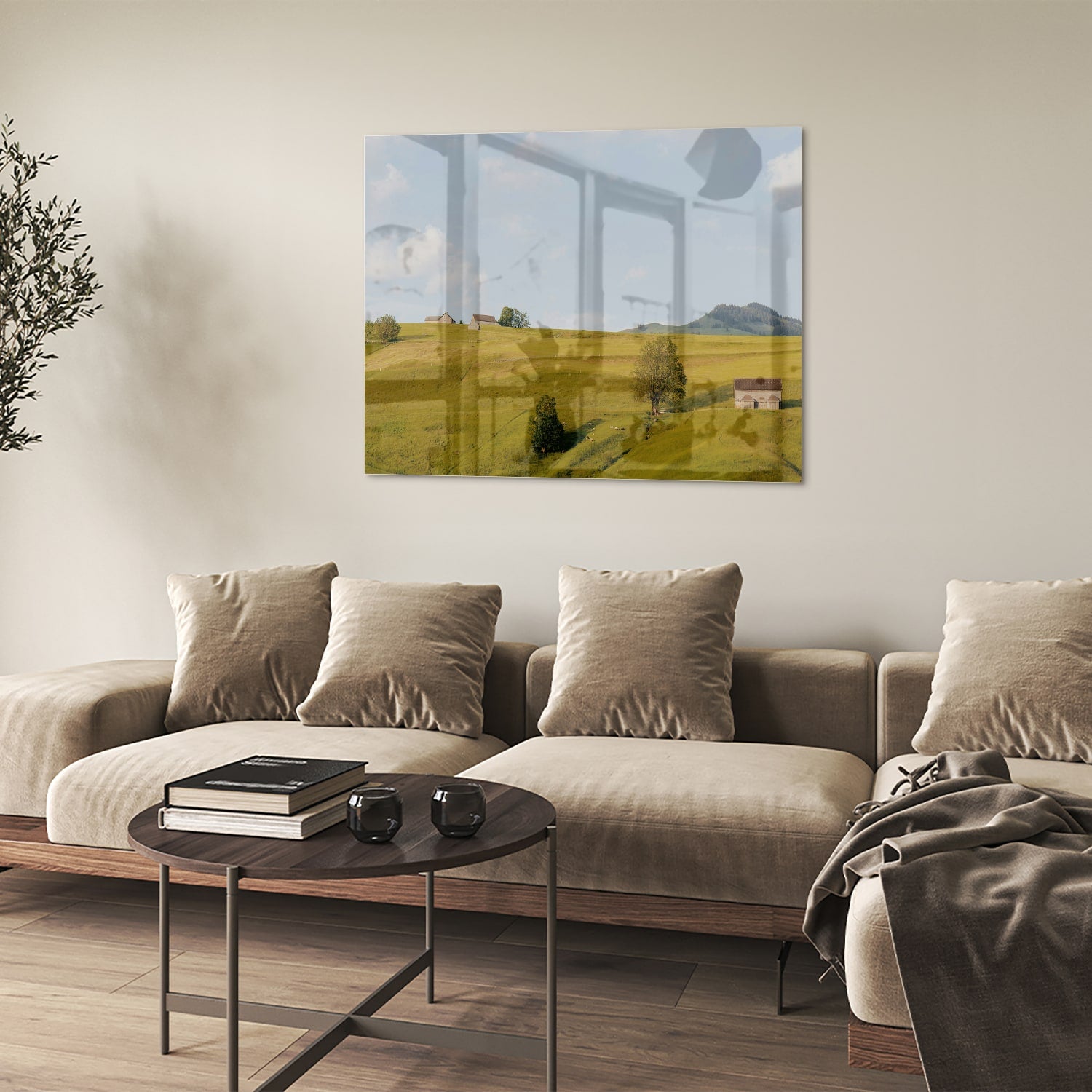 Glasbild mit grünen Hügeln in der Landschaft