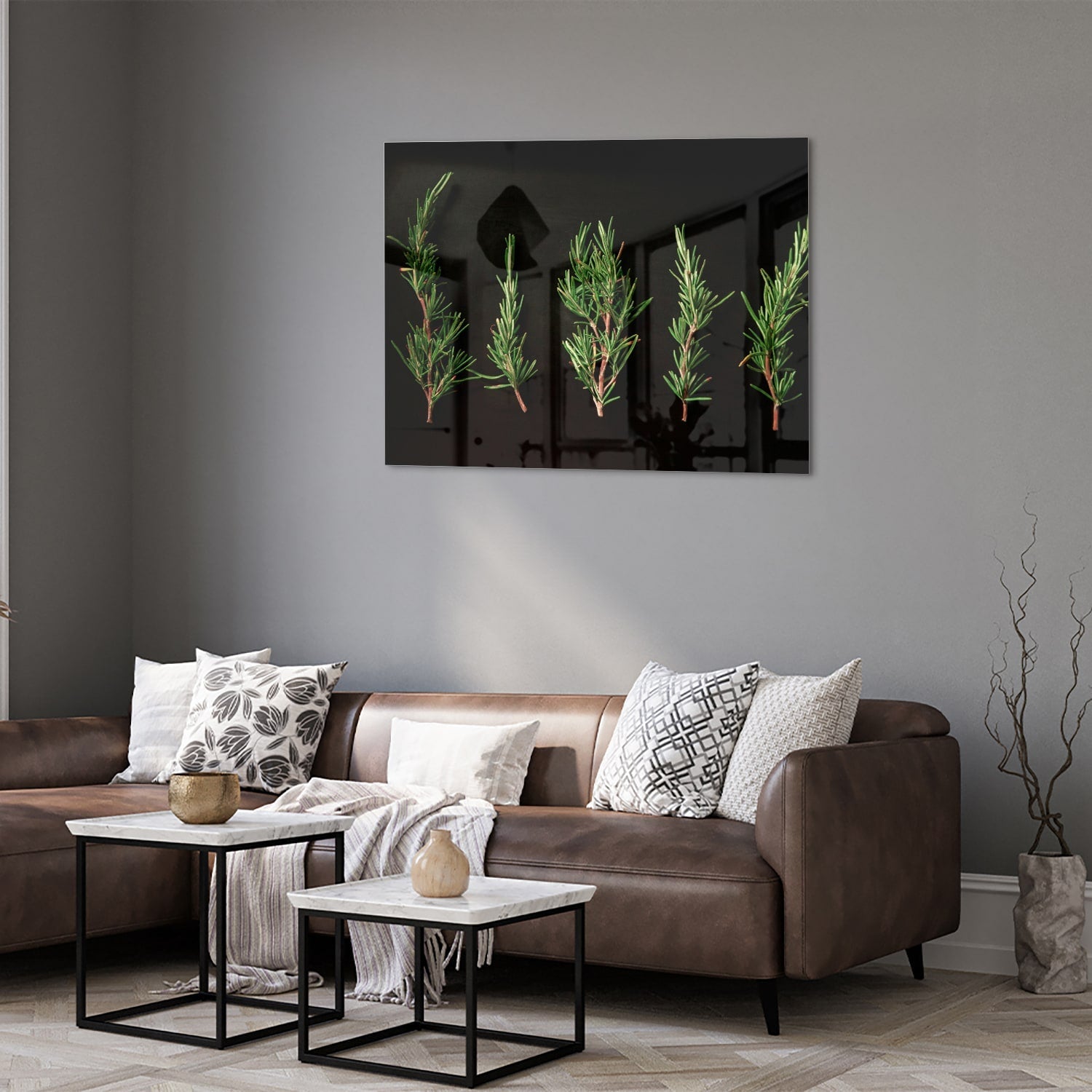 Modernes Glasbild mit grünen Ästen