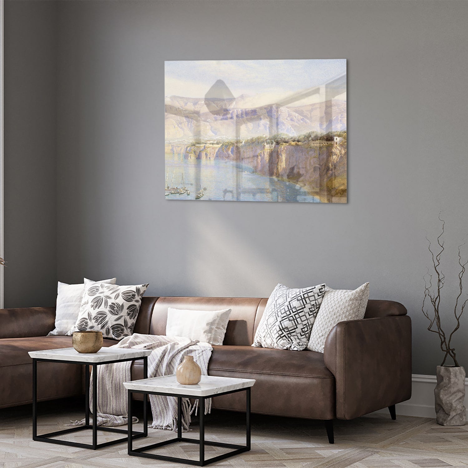 Träumerisches Glasbild mit Berglandschaft