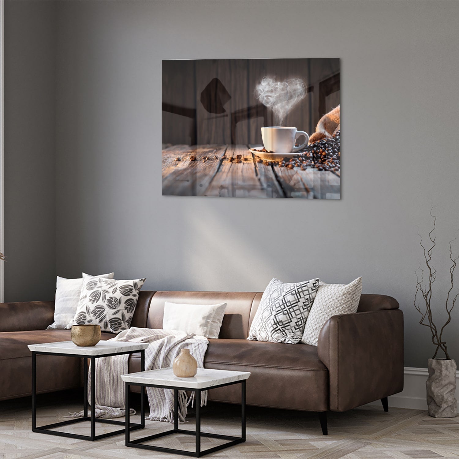 Stilvolles Glasbild mit Kaffee und Kaffeebohnen