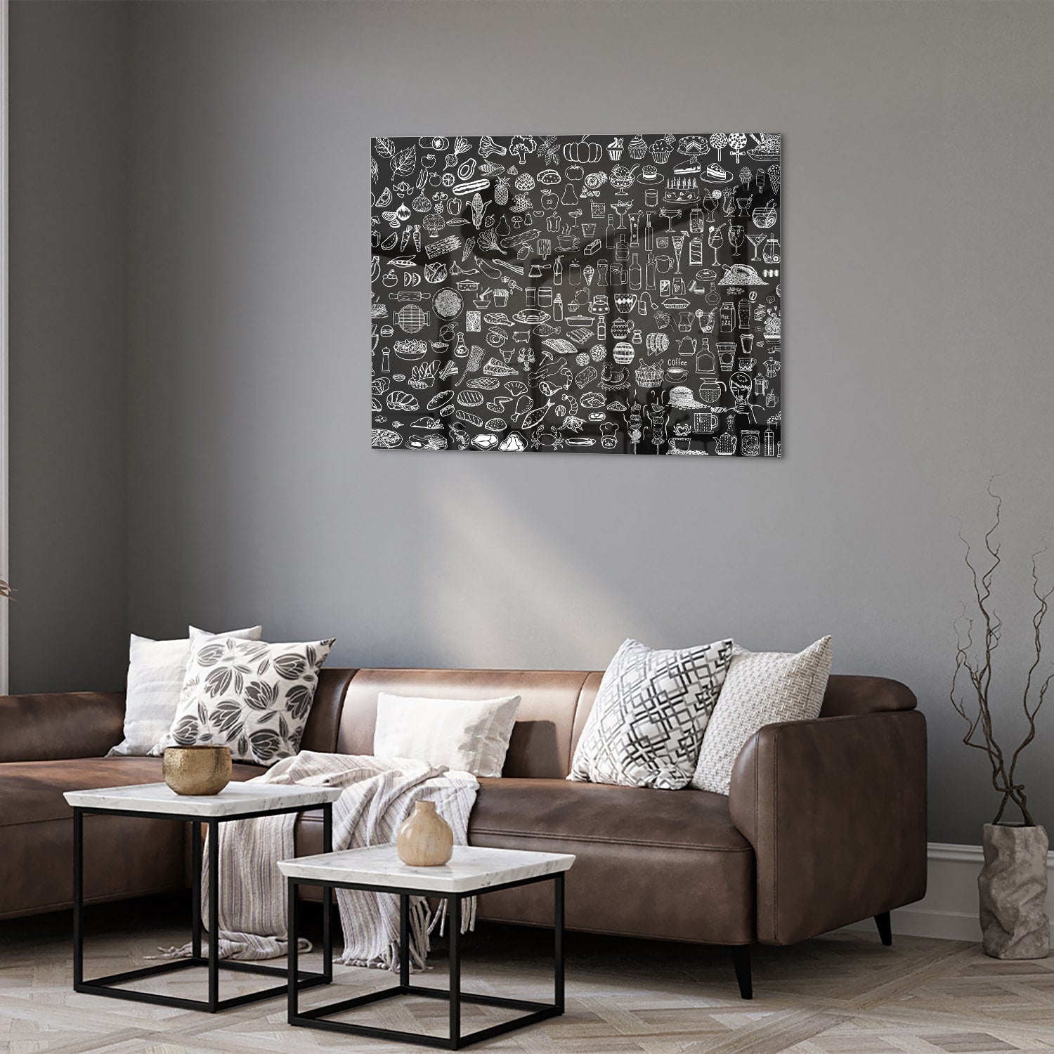 Abstraktes Schwarz-Weiß-Glasbild mit fröhlichen Illustrationen