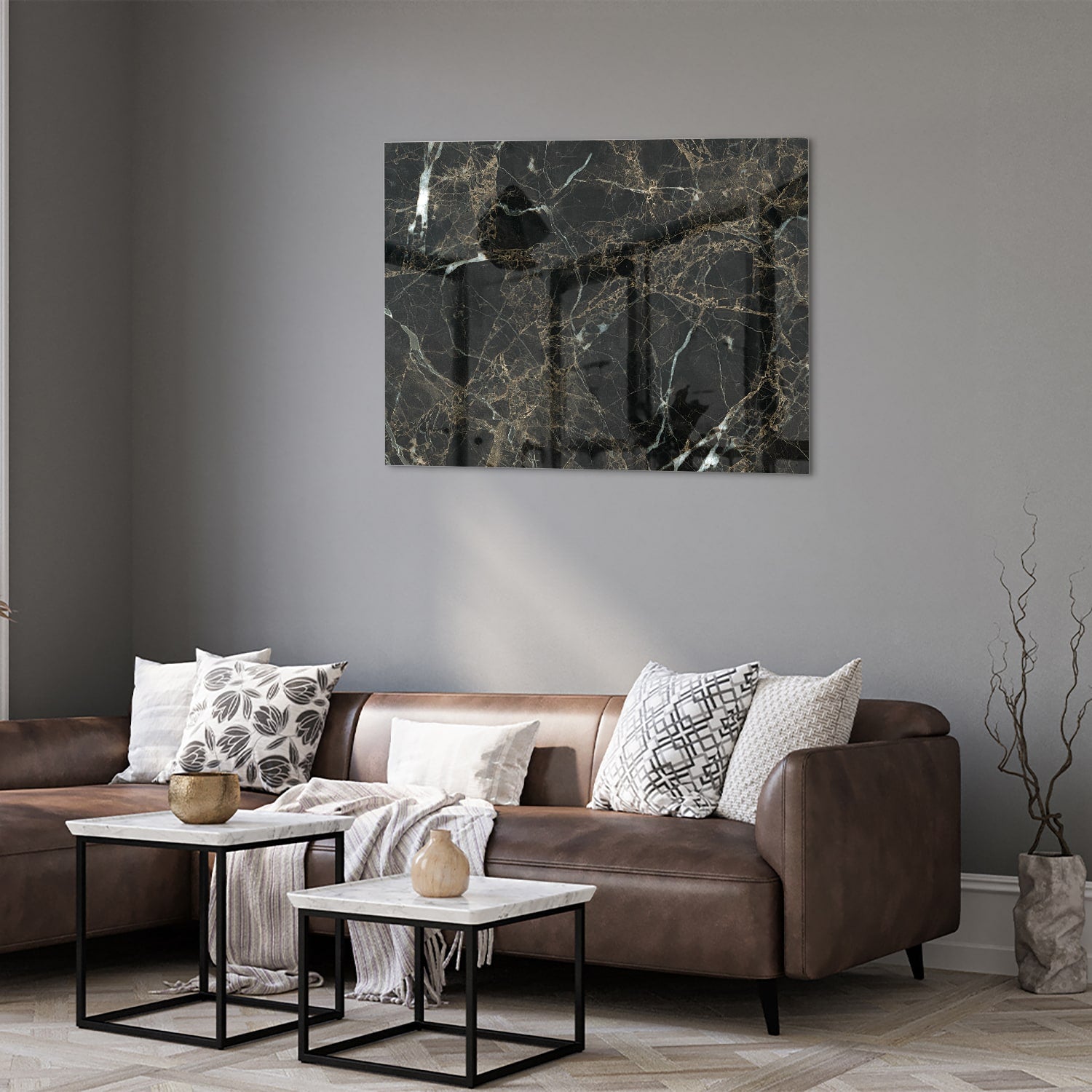 Elegantes schwarzes Marmor-Glasbild für luxuriöses Interieur
