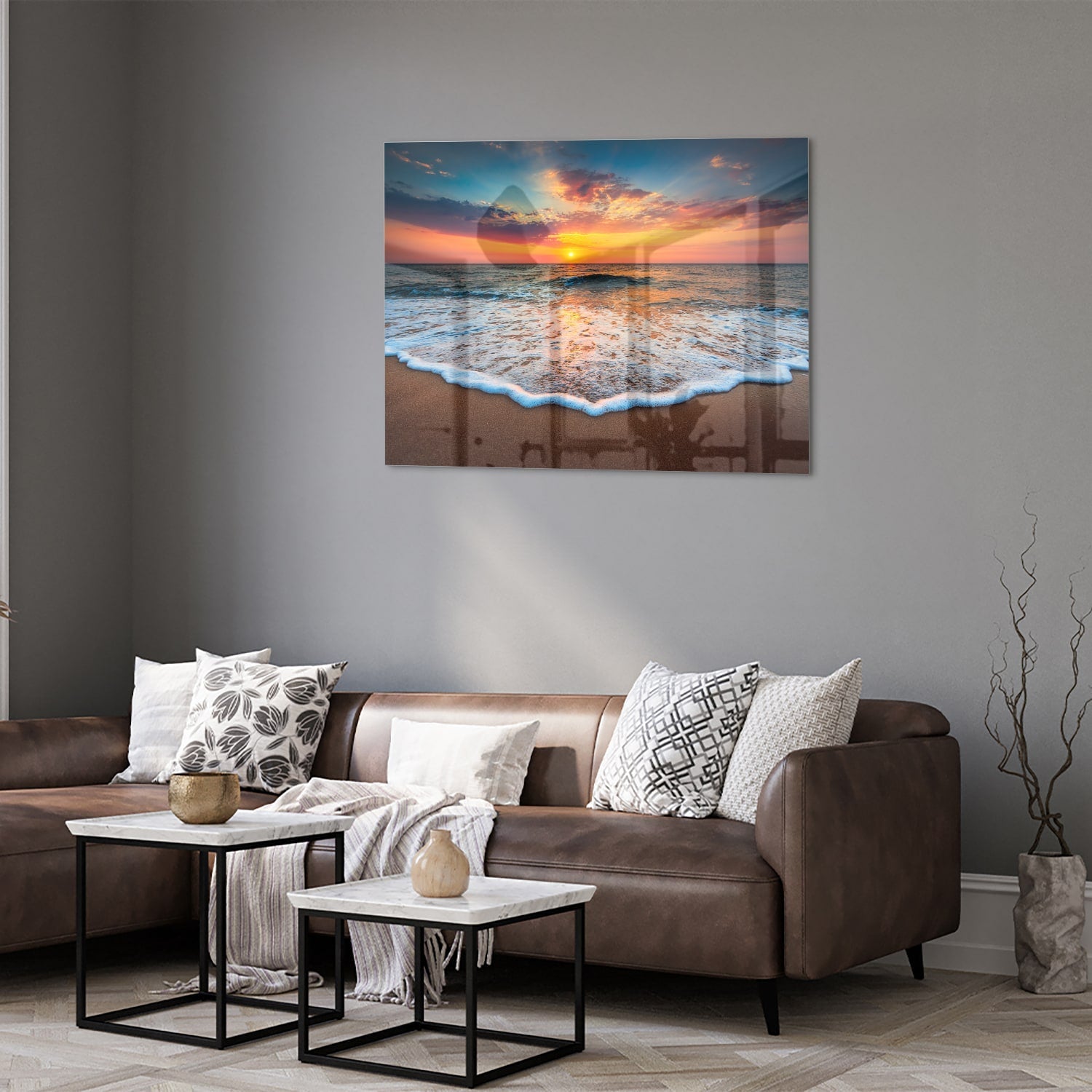 Glasbild – Sonnenuntergang am Strand