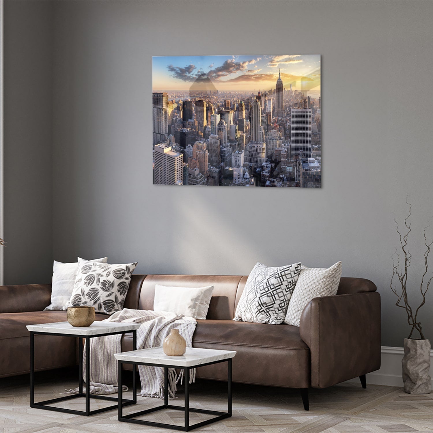 Glasbild mit atemberaubender Aussicht auf New York bei Sonnenuntergang