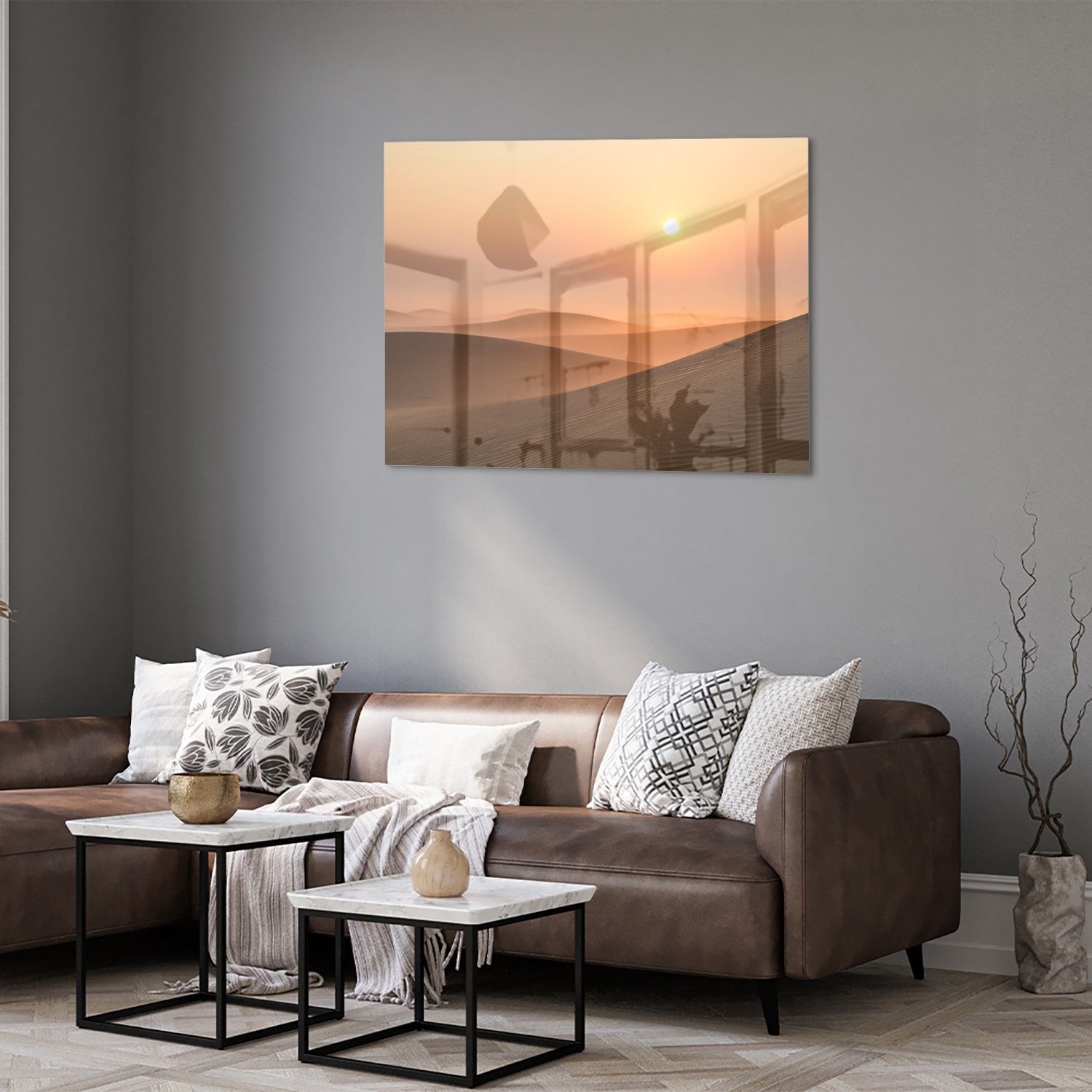 Glasbild mit Sonnenuntergang in warmen Farbtönen