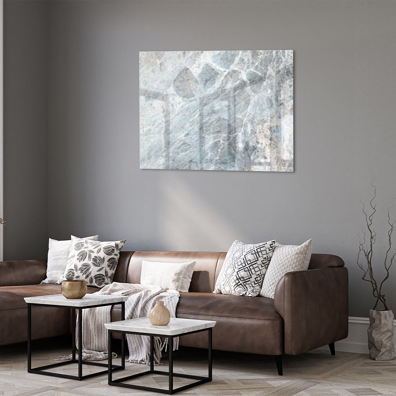 Glasbild mit Marmoroptik in Blau und Grau