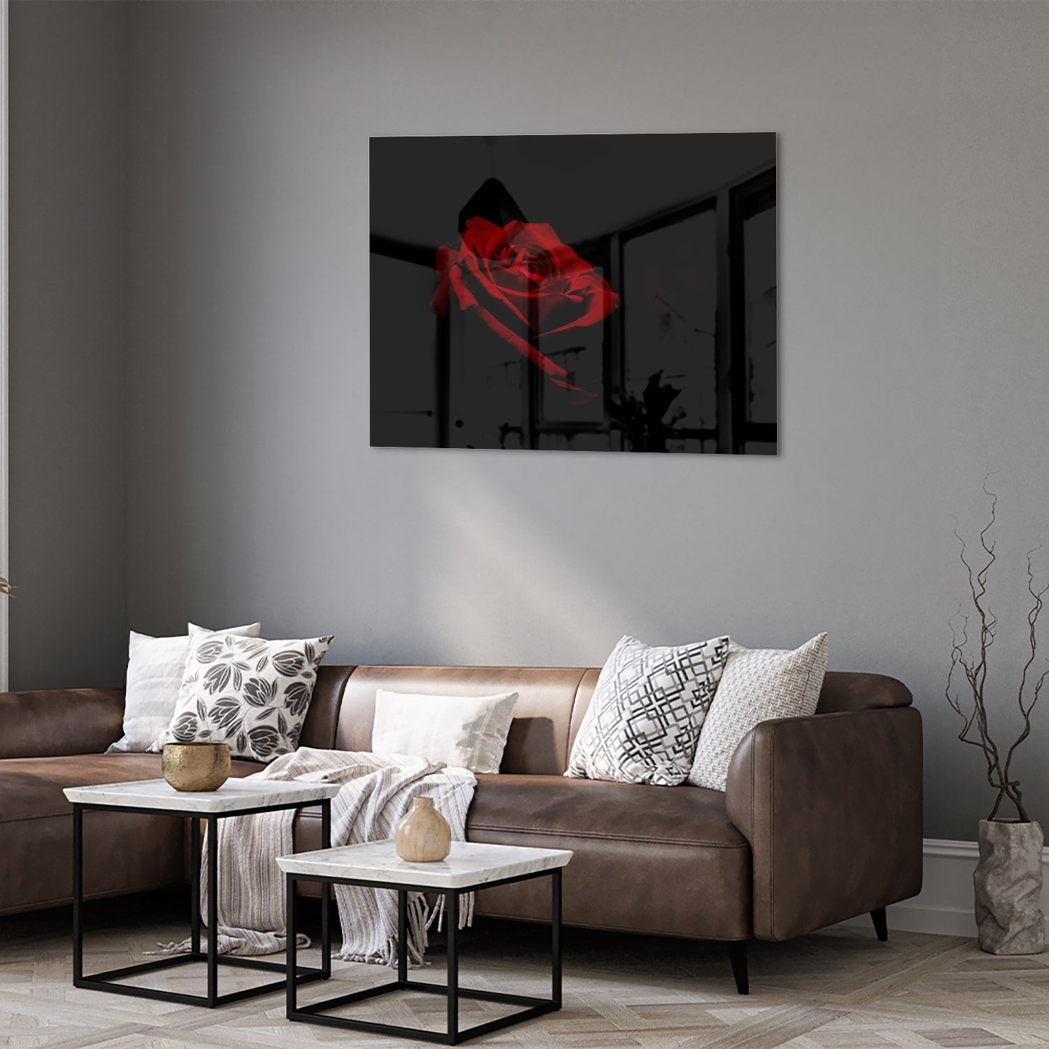 Elegantes Glasbild mit roter Rose auf schwarzem Hintergrund