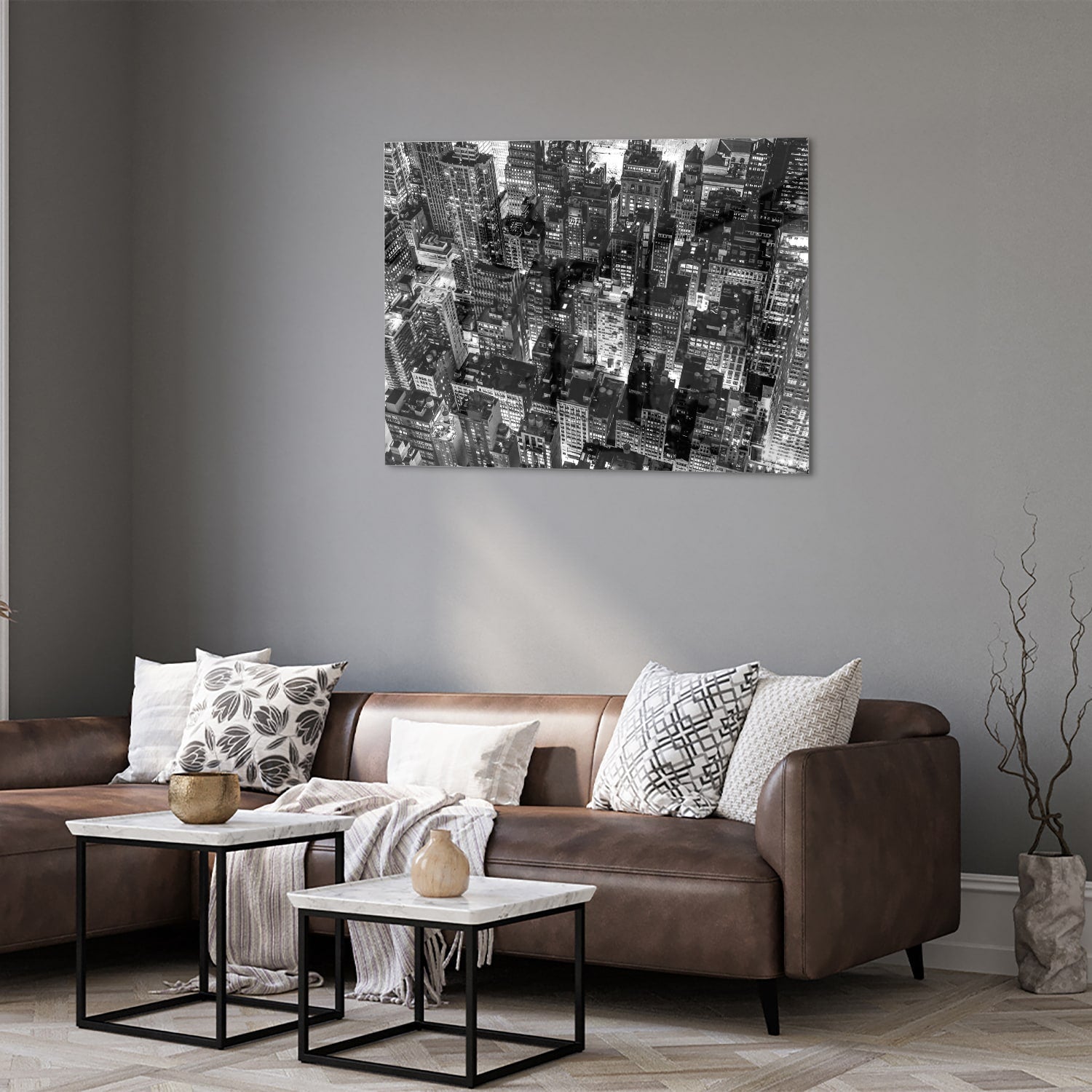 Schwarz-Weiß-Glasbild mit Stadtmotiv für ein modernes Interieur