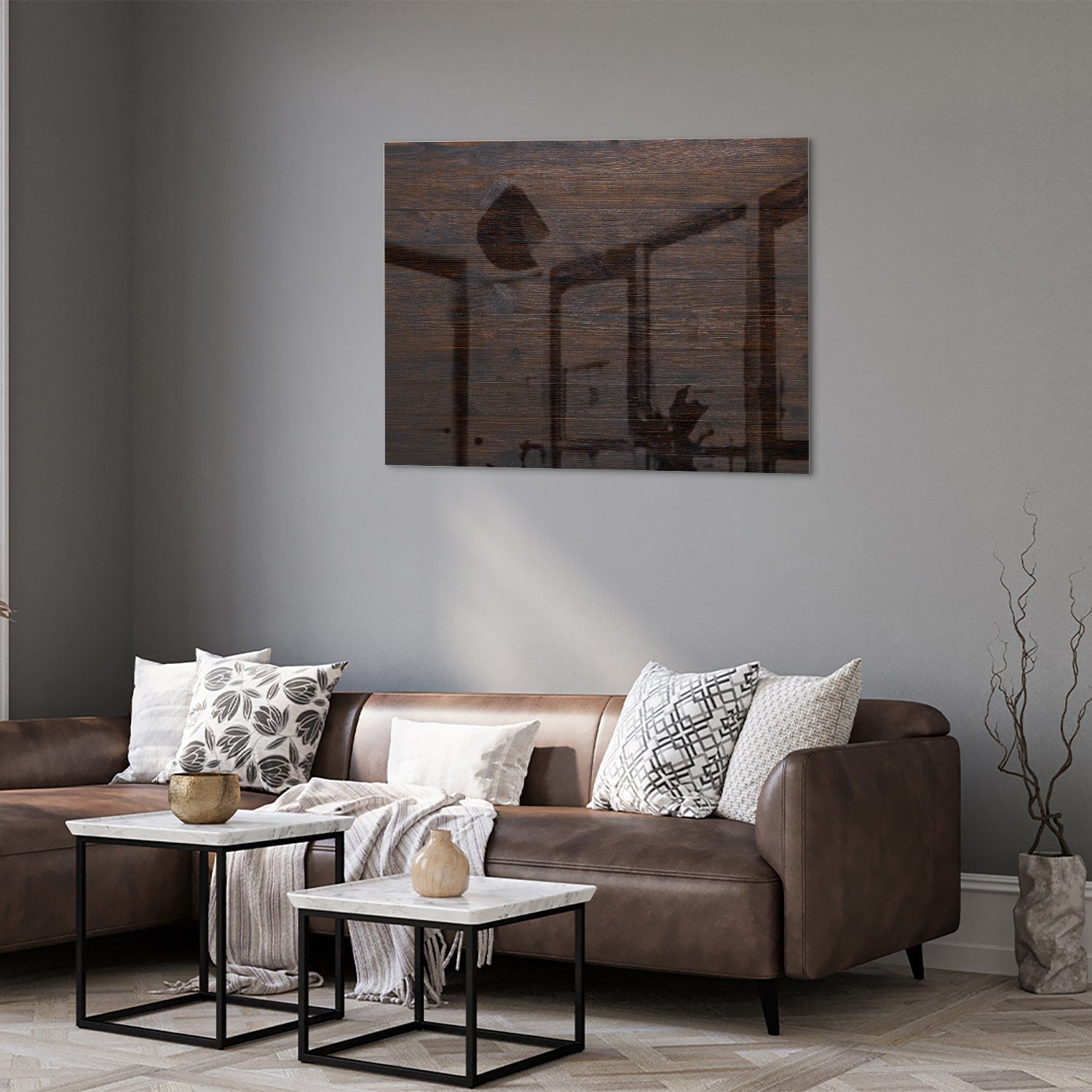 Modernes Glasbild mit warmen Holztönen