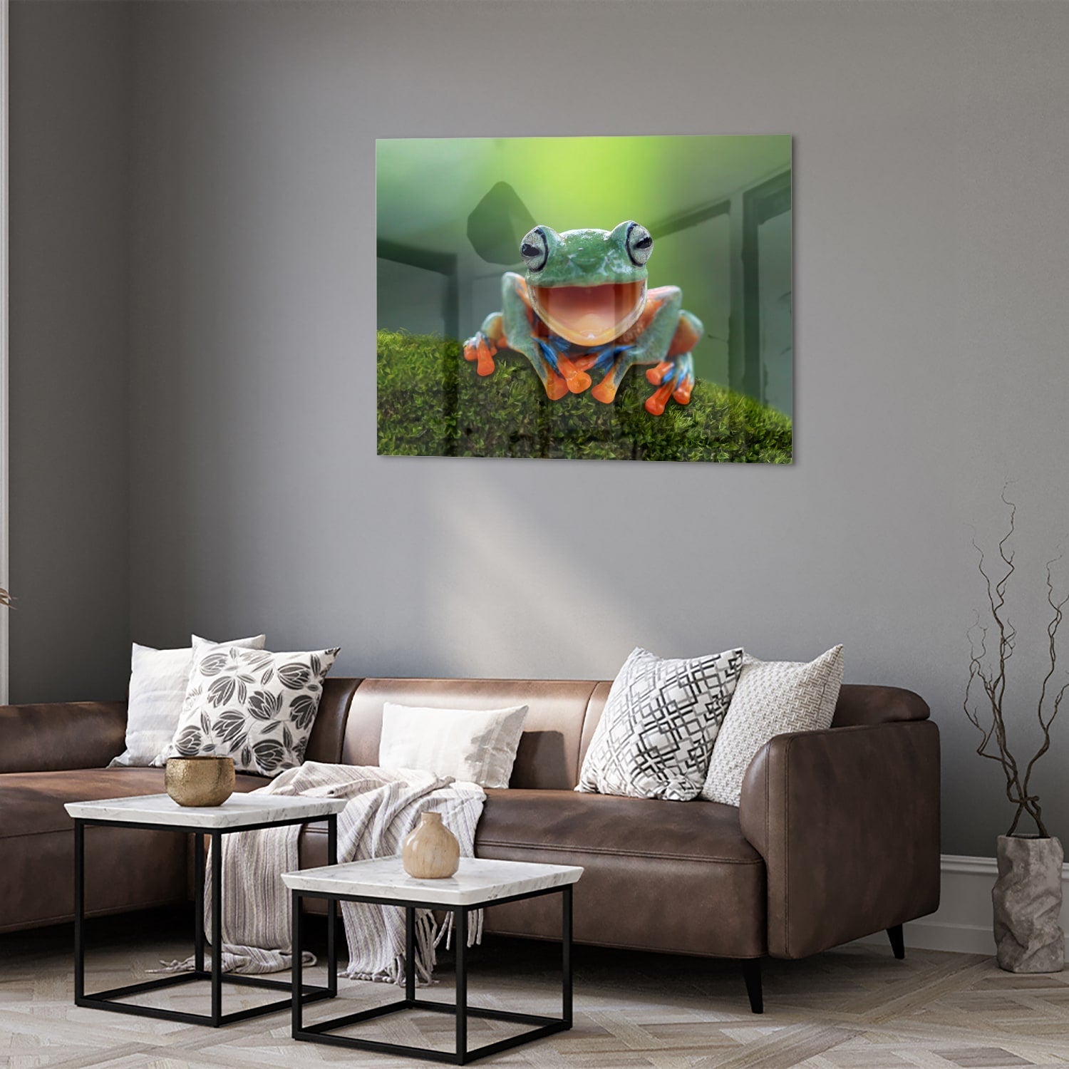Fröhliches Glasbild mit Laubfrosch
