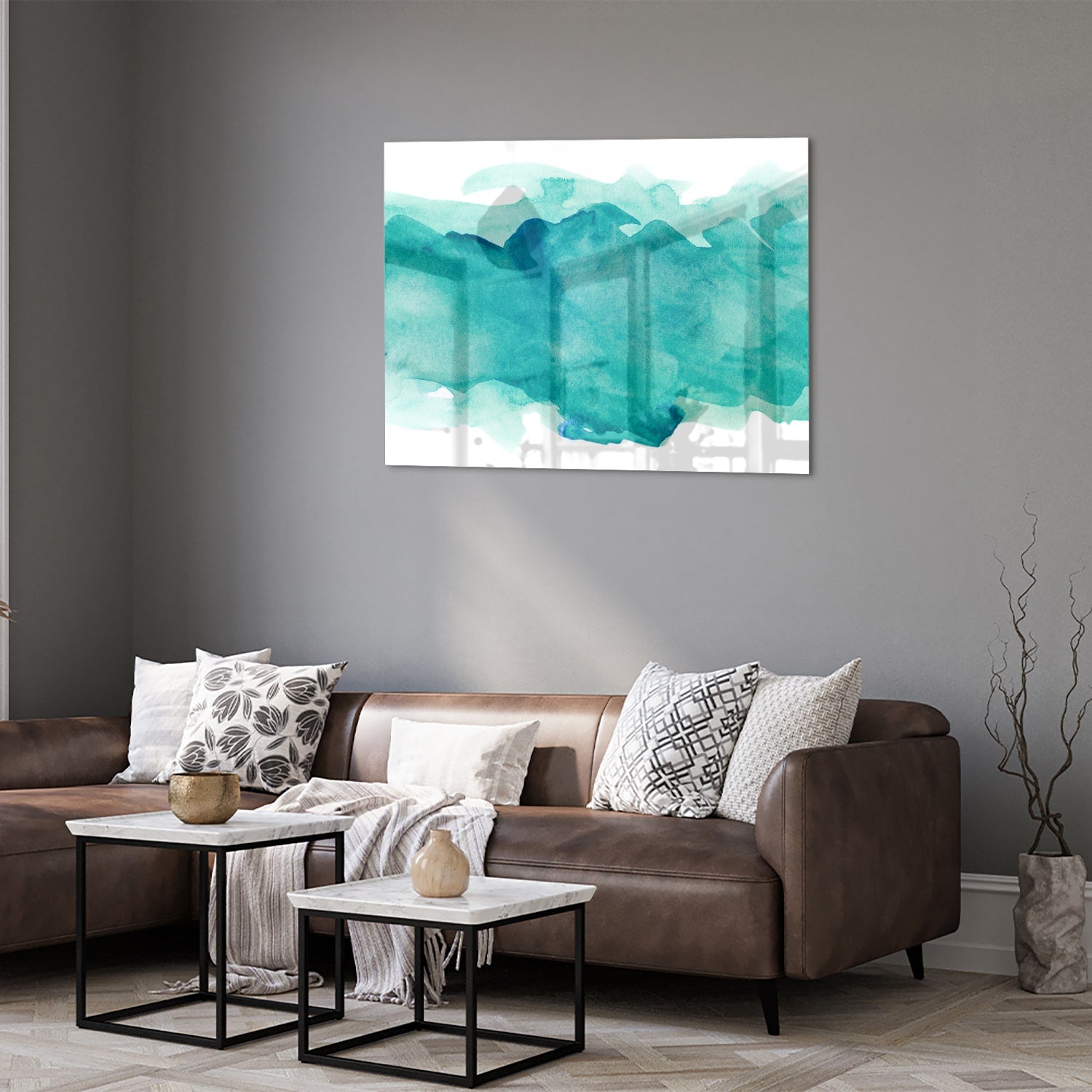 Abstraktes türkisfarbenes Glasbild für moderne Innenräume