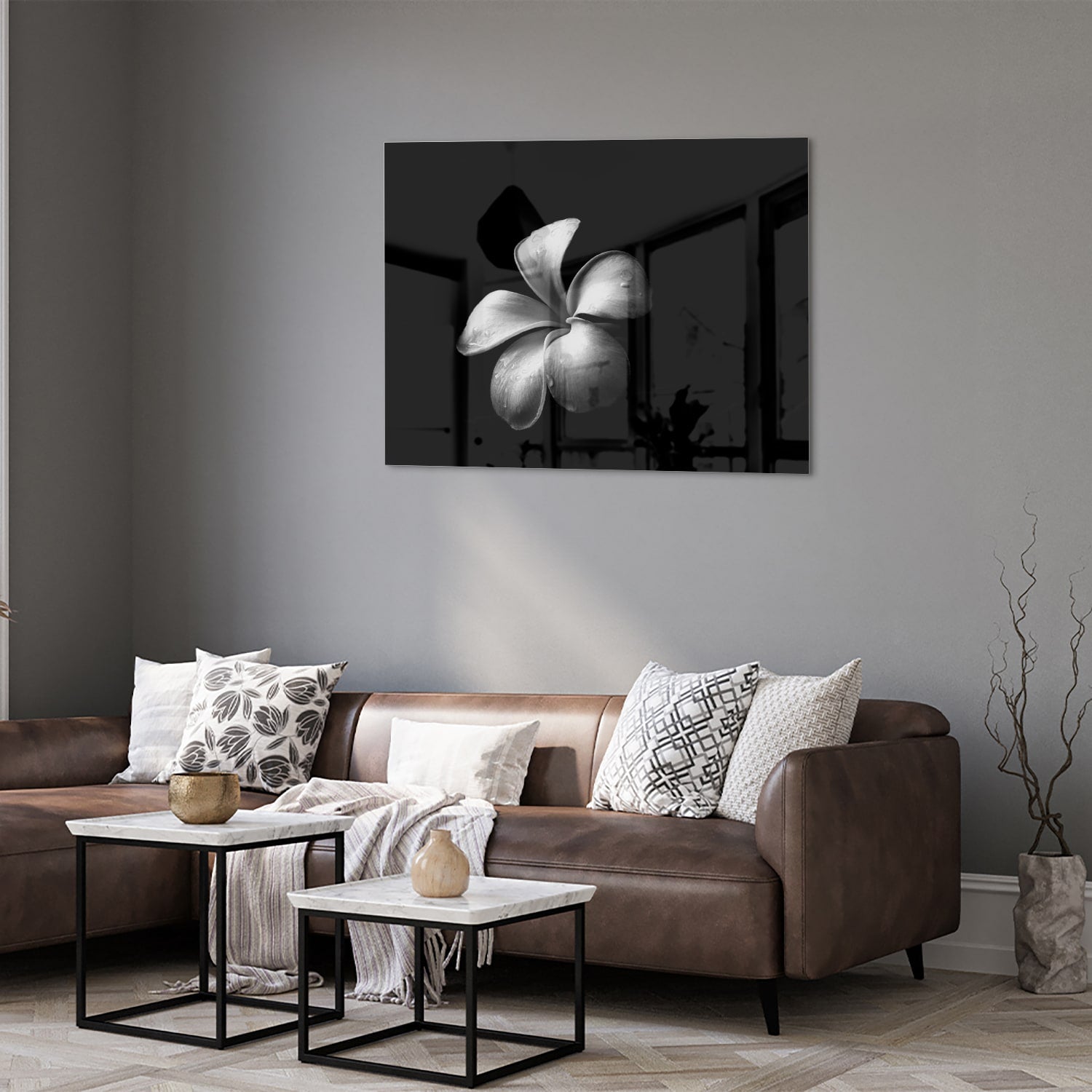 Elegantes schwarzes Glasbild mit Blumenmotiv