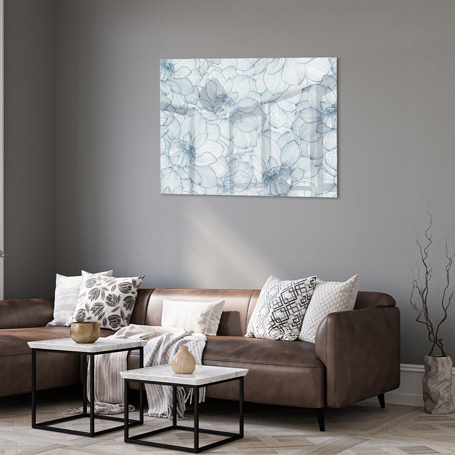 Elegantes Glasbild mit Blumendesign in Blau