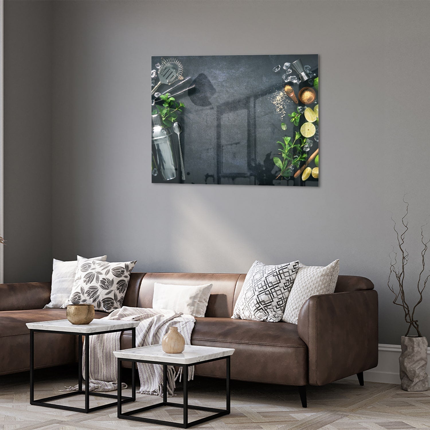 Elegantes Glasbild mit Kräutern und Zitronen