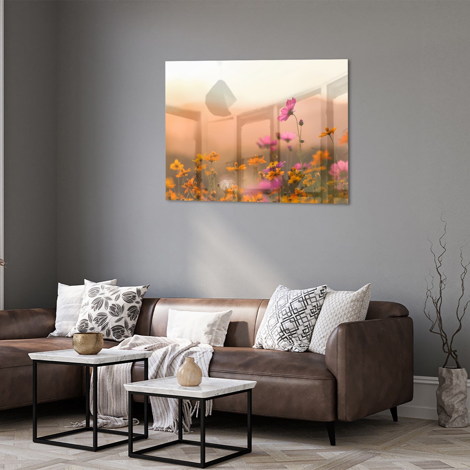 Wunderschönes Glasbild mit Blumen in Pastellfarben