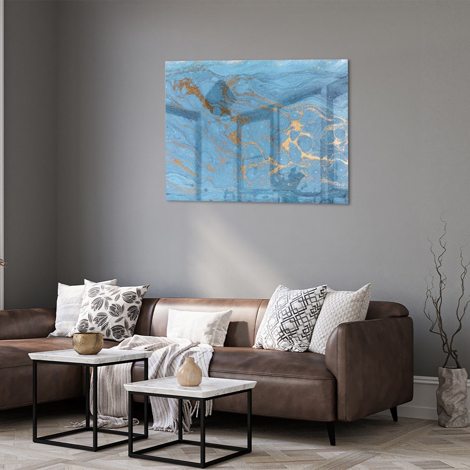 Elegantes Glasbild in blauen und goldenen Farbtönen