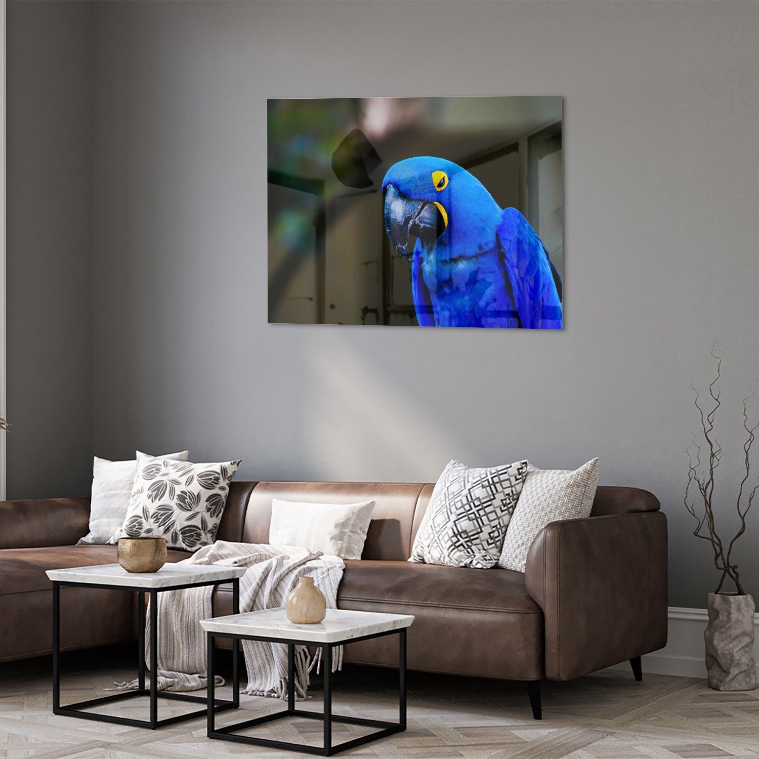 Glasbild mit einem wunderschönen blauen Ara