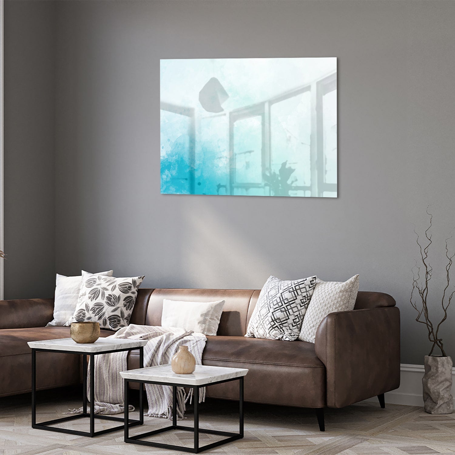 Abstraktes Glasbild in blauen und türkisen Farbtönen