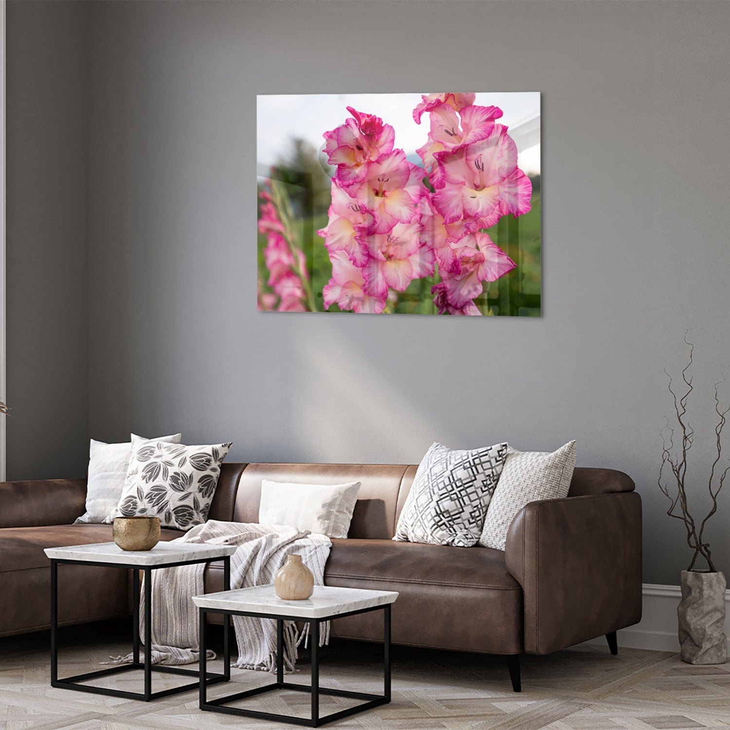 Glasbild mit wunderschönen rosa Gladiolen