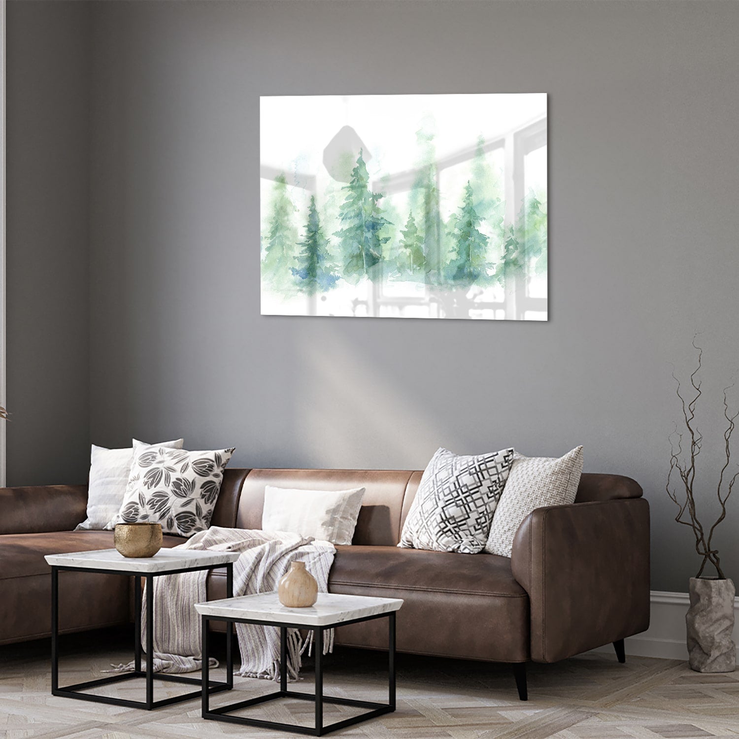 Glasbild mit grünen Tannenbäumen