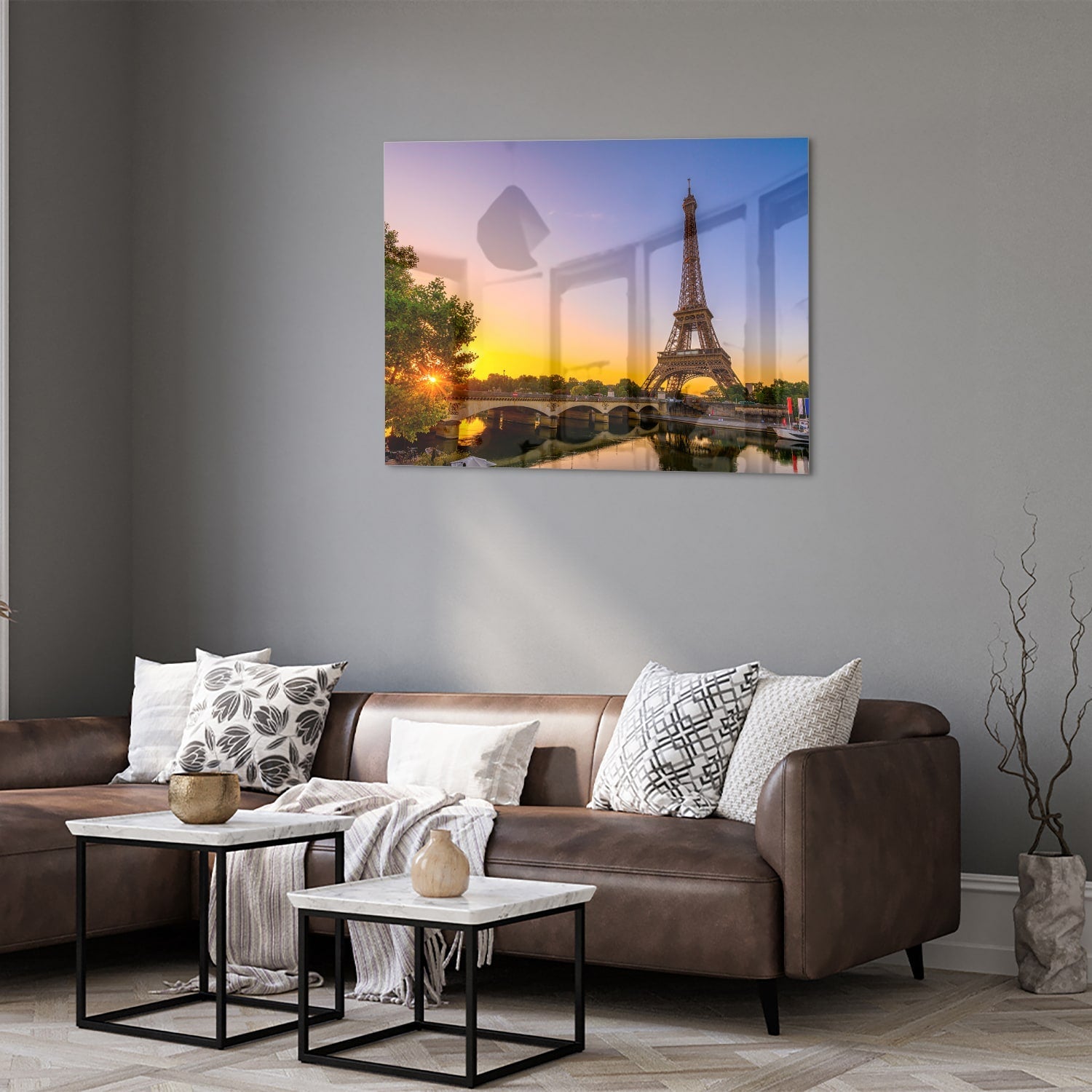 Glasbild mit dem Eiffelturm bei Sonnenuntergang