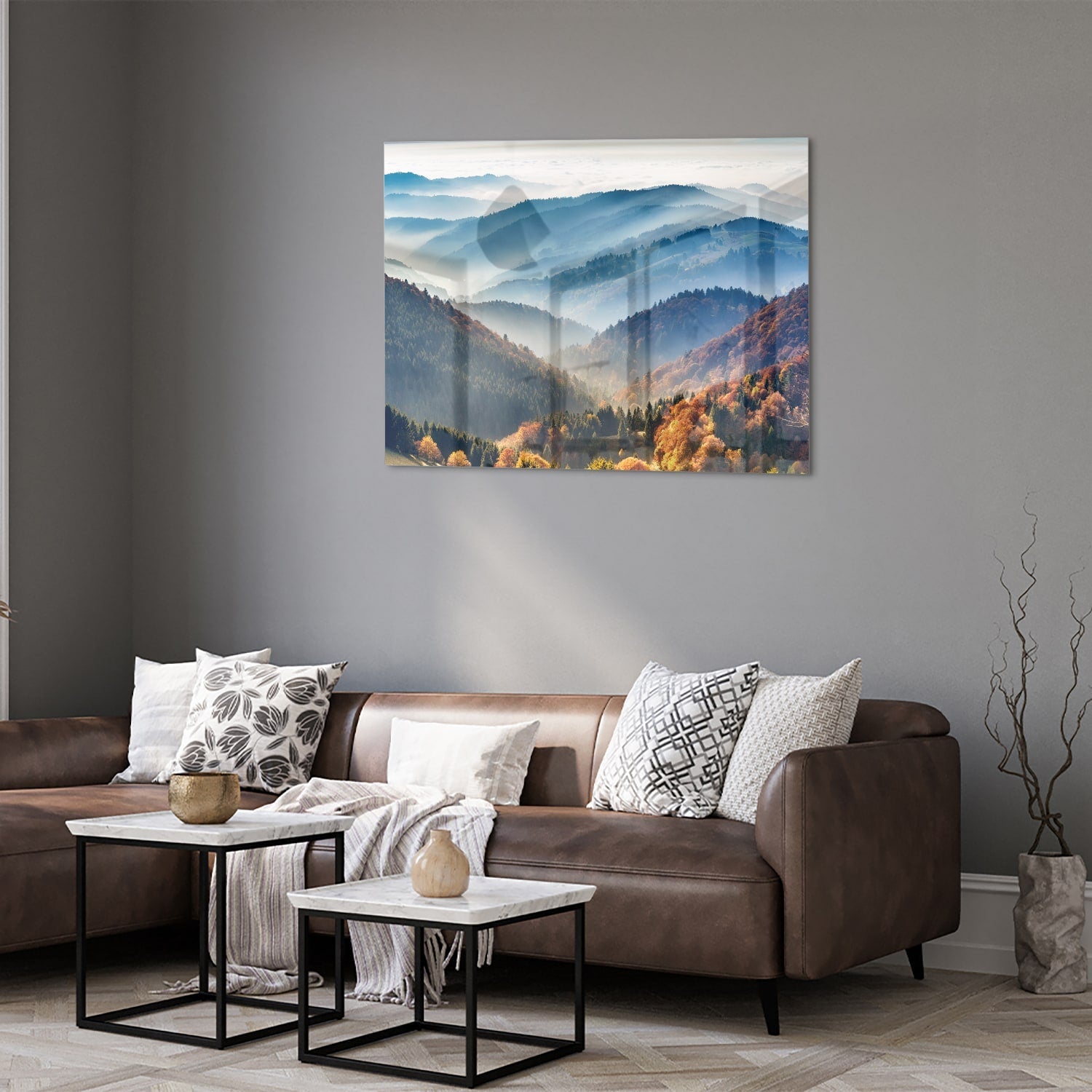 Atemberaubendes Glasbild mit Berglandschaft für Zuhause