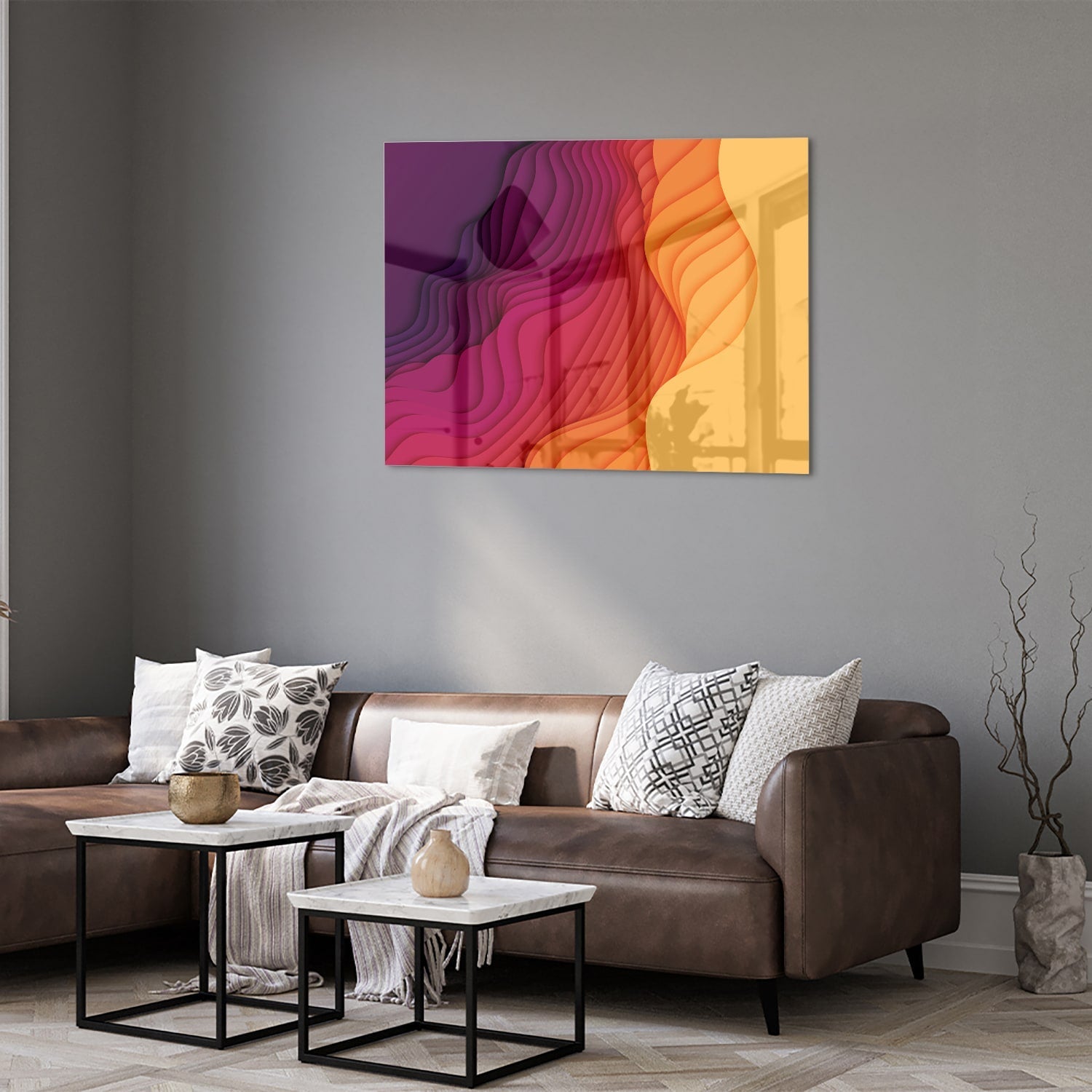 Abstraktes Glasbild mit leuchtenden Farben