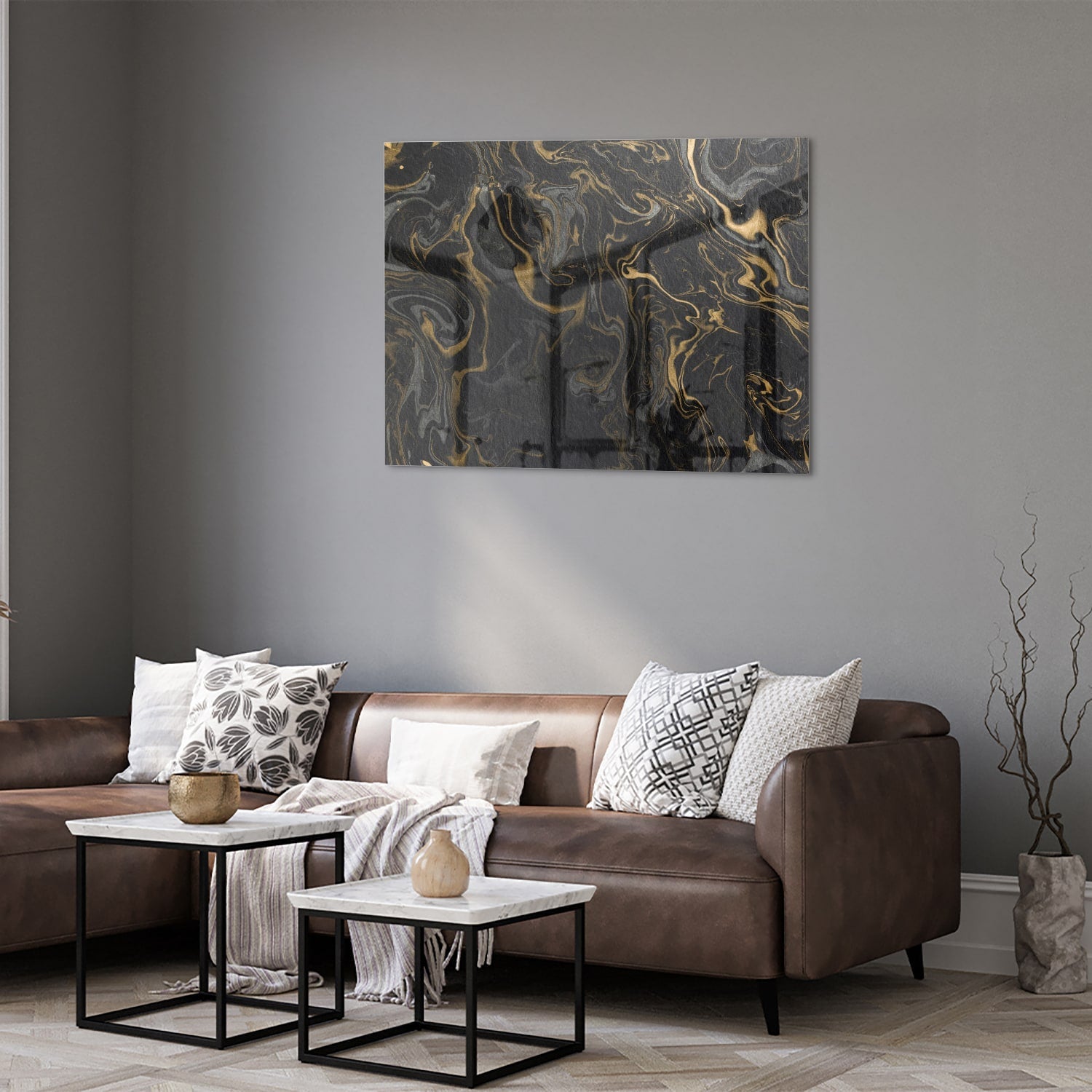 Elegantes schwarz-goldenes Glasbild für Ihr Wohnzimmer
