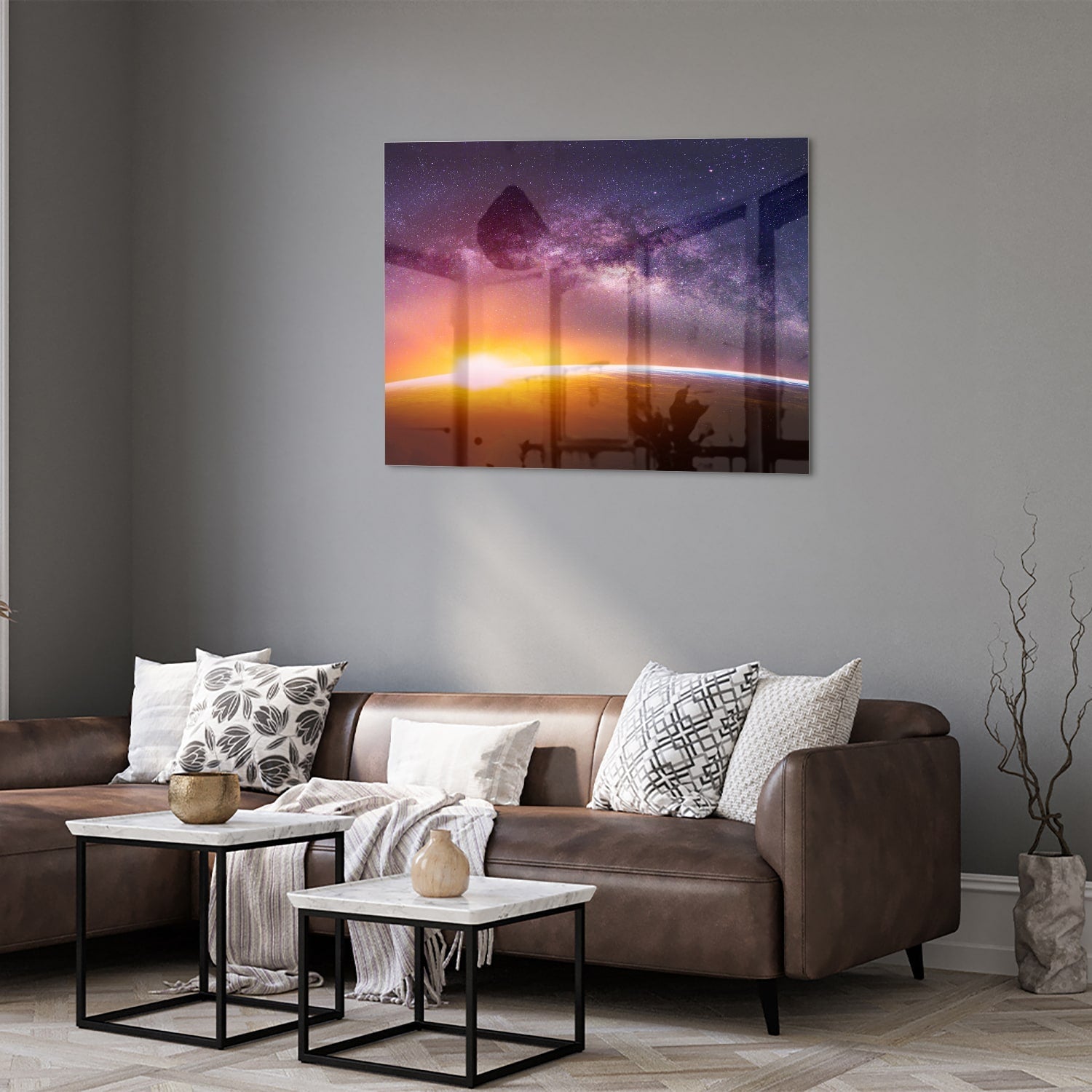 Glasbild mit einem Sternenhimmel bei Sonnenuntergang