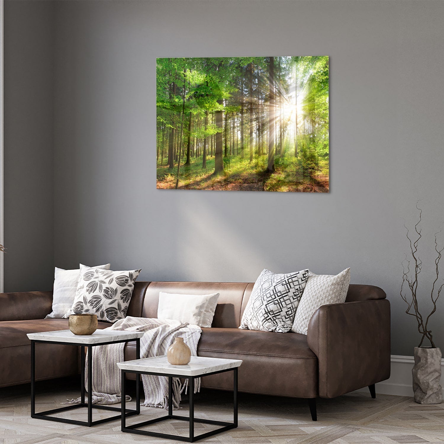Glasbild mit sonnigem Wald für die Wohndekoration