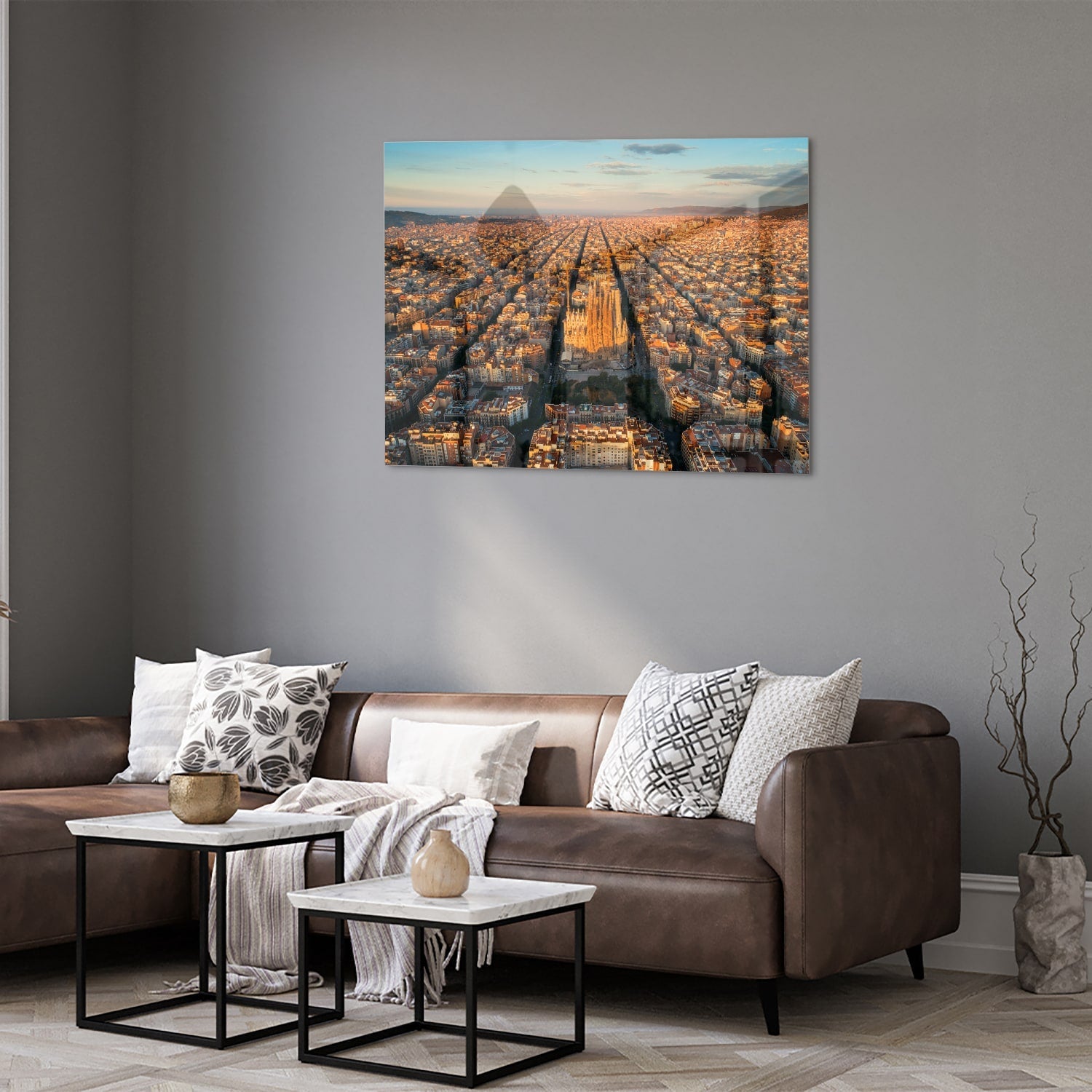 Glasbild mit atemberaubendem Stadtblick bei Sonnenuntergang