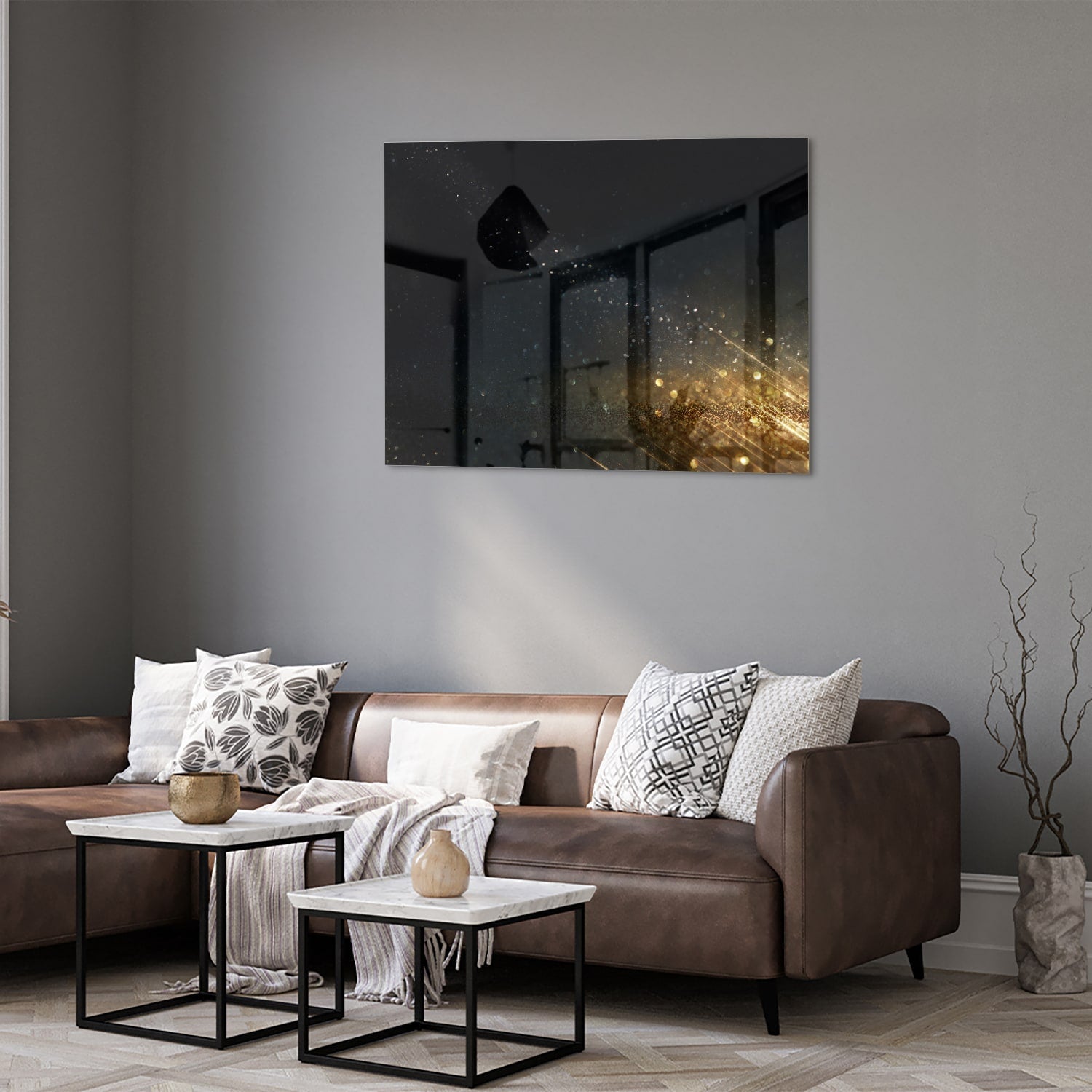 Schwarzes Glasbild mit Sternen und Lichtreflexionen