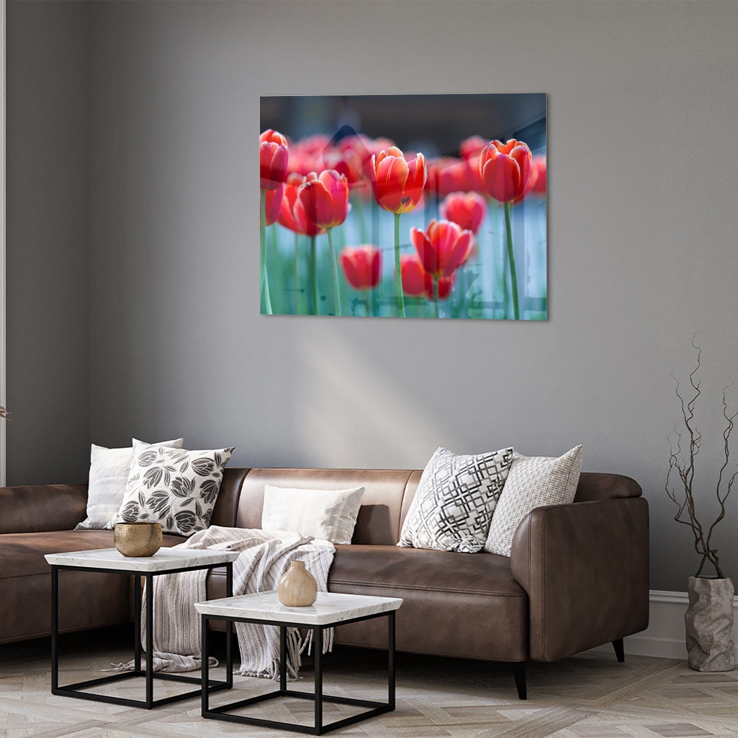 Glasbild – Lebendige rote Tulpen