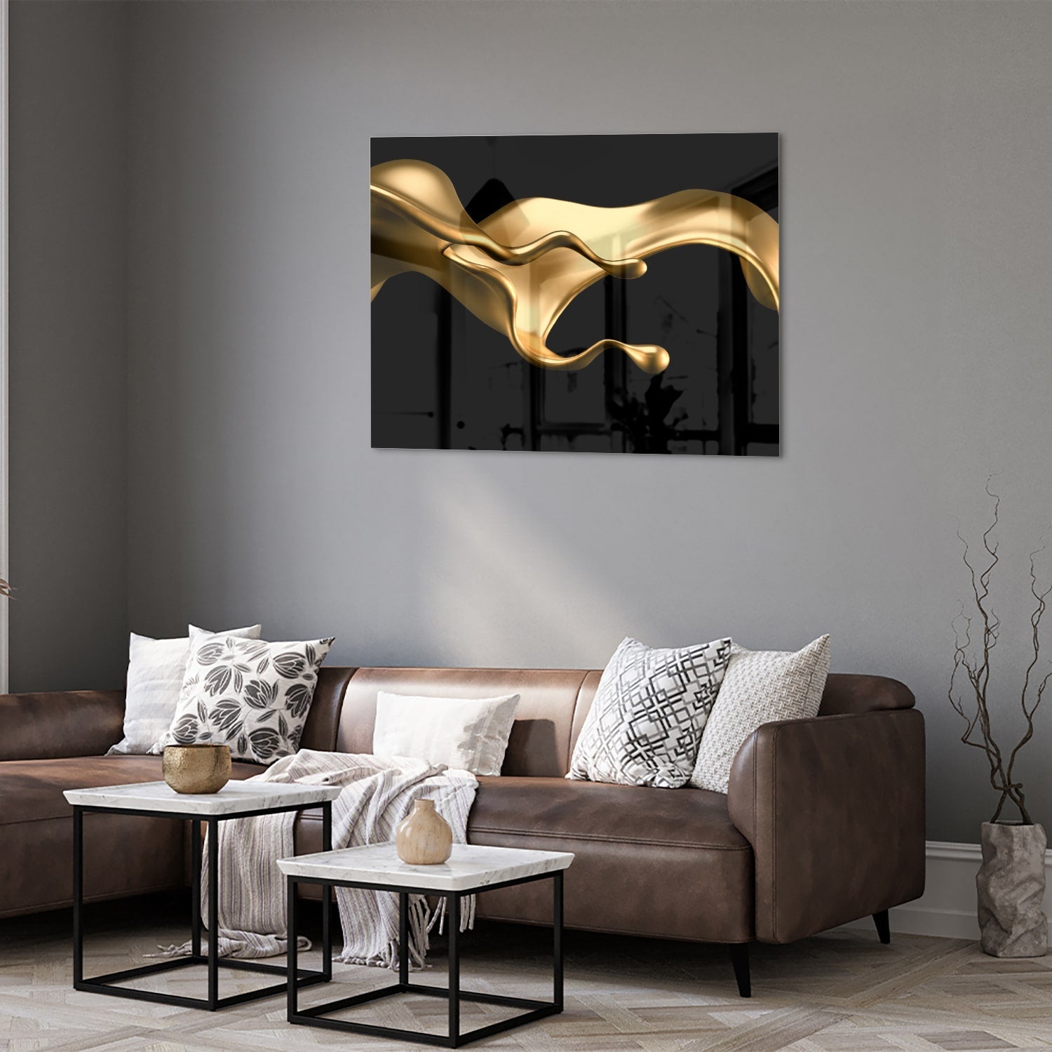 Abstraktes Glasbild mit goldener Welle für elegante Innenräume
