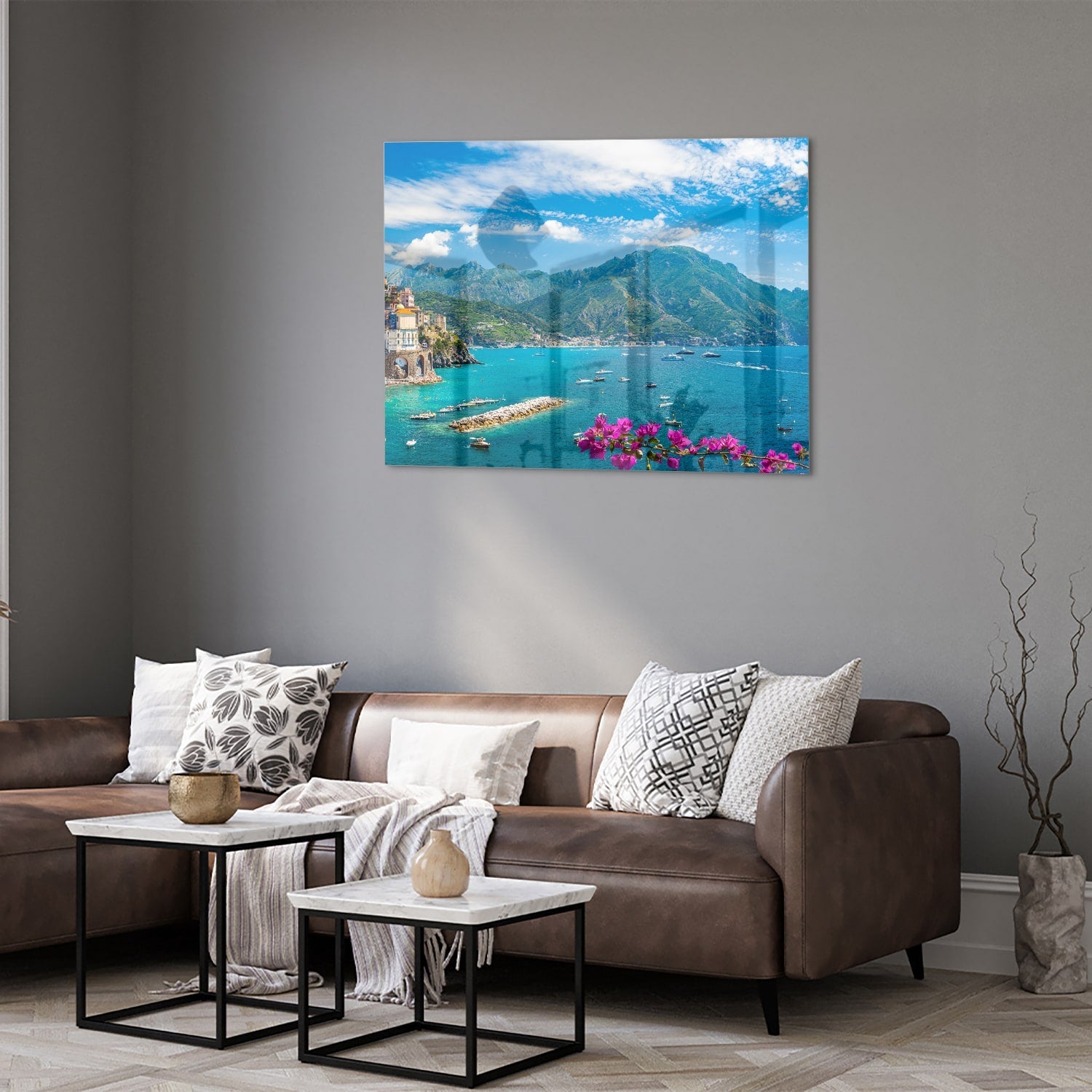 Glasbild mit blauem See und Bergen