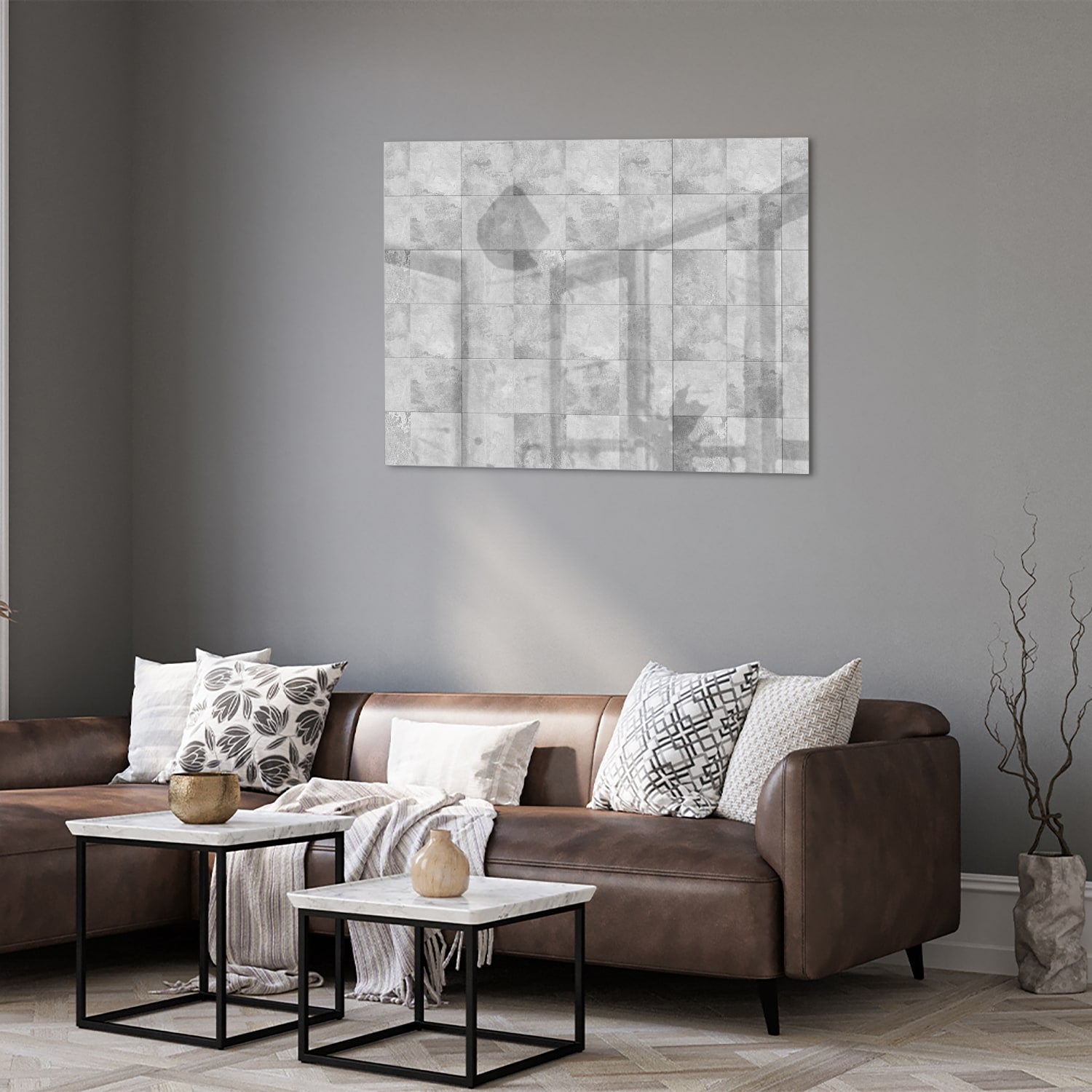 Modernes Glasbild mit abstrakten Grautönen