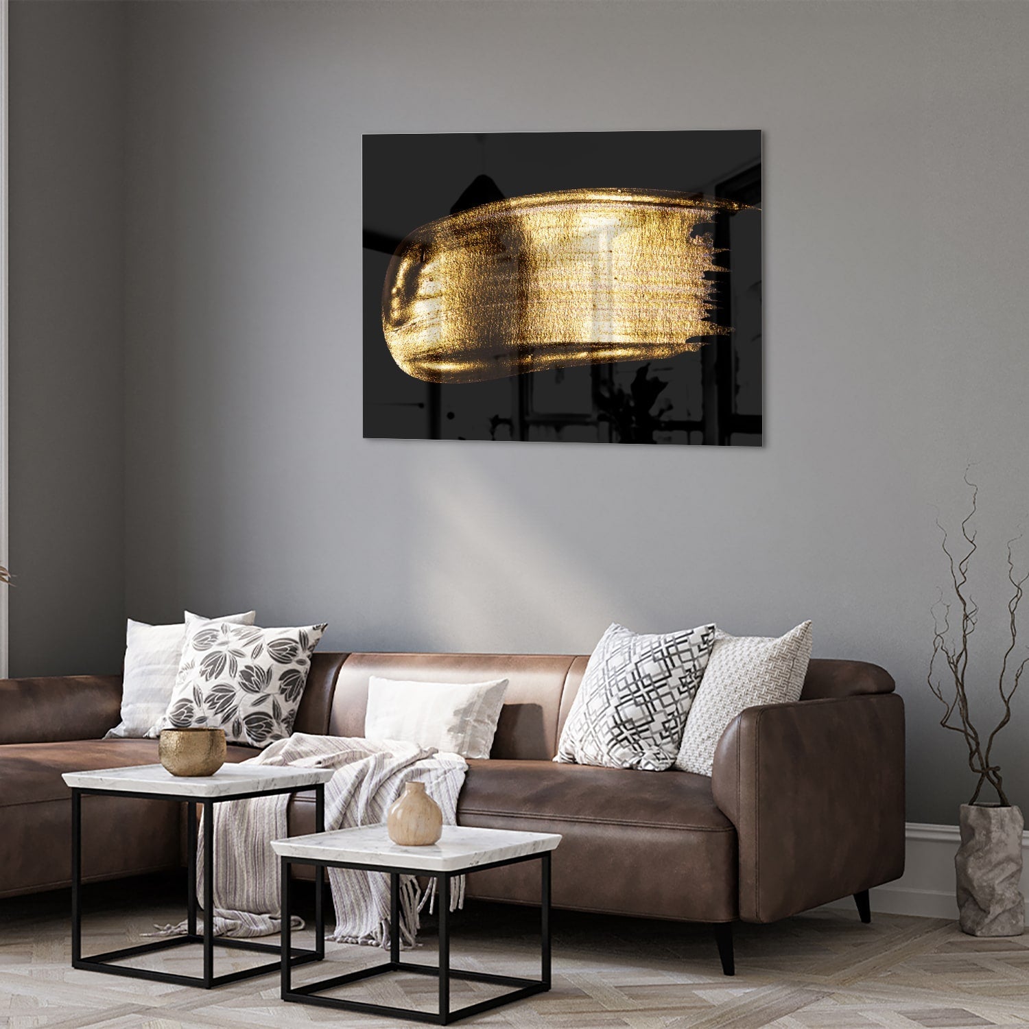 Goldenes abstraktes Glasbild auf schwarzem Hintergrund