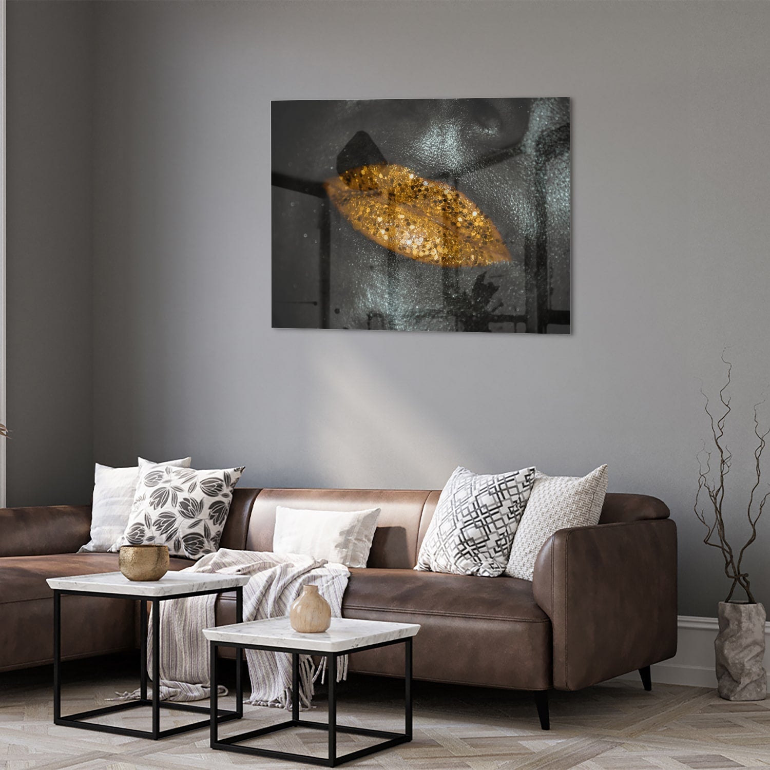 Glasbild mit goldenem Blatt für Ihr Interieur