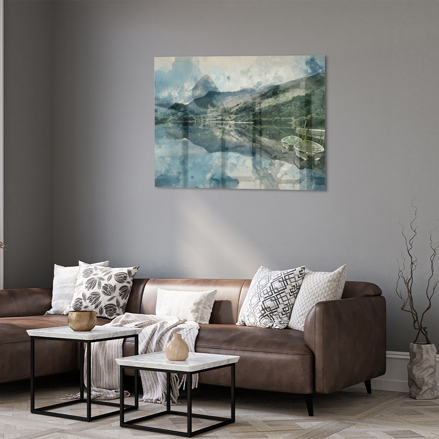Glasbild mit einer ruhigen Landschaft