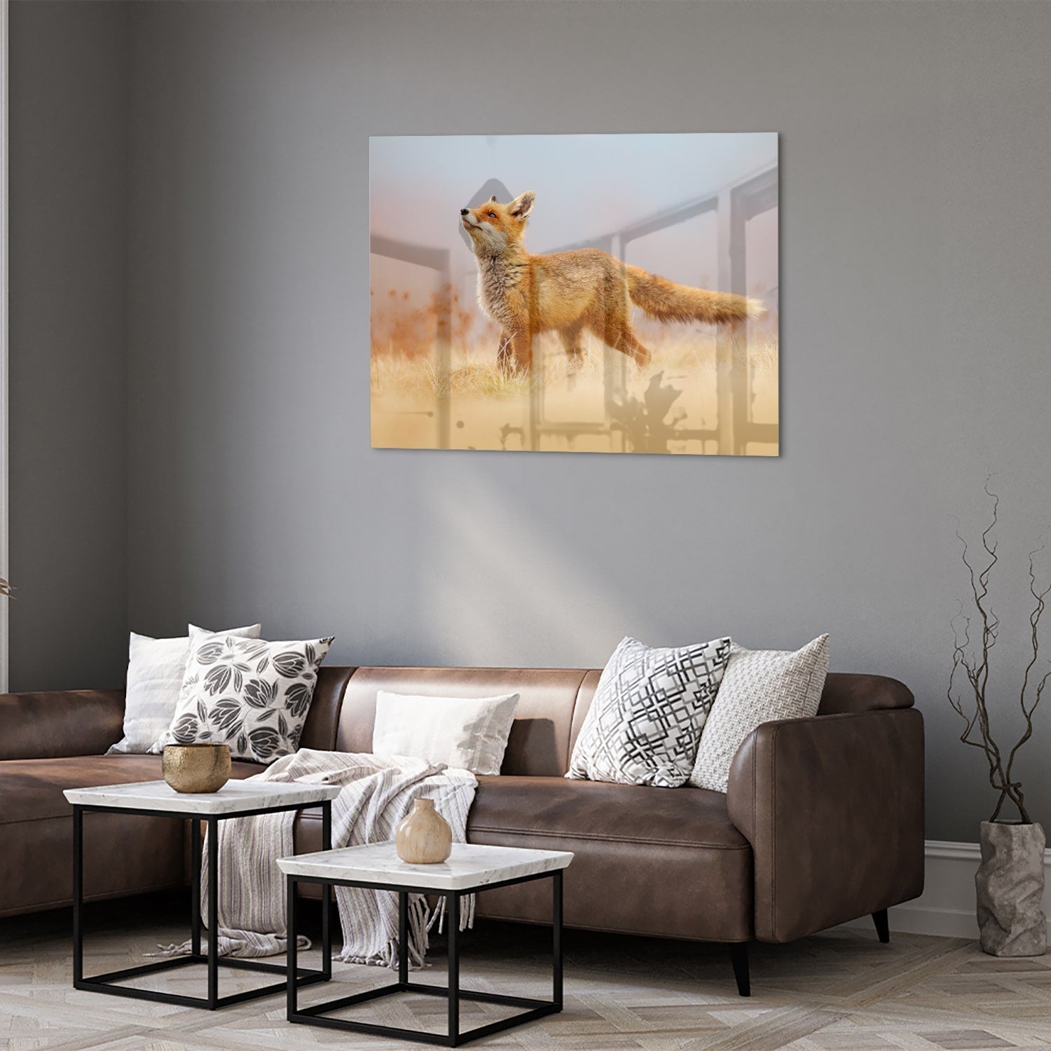 Stilvolles Glasbild mit einem Fuchs in der Natur