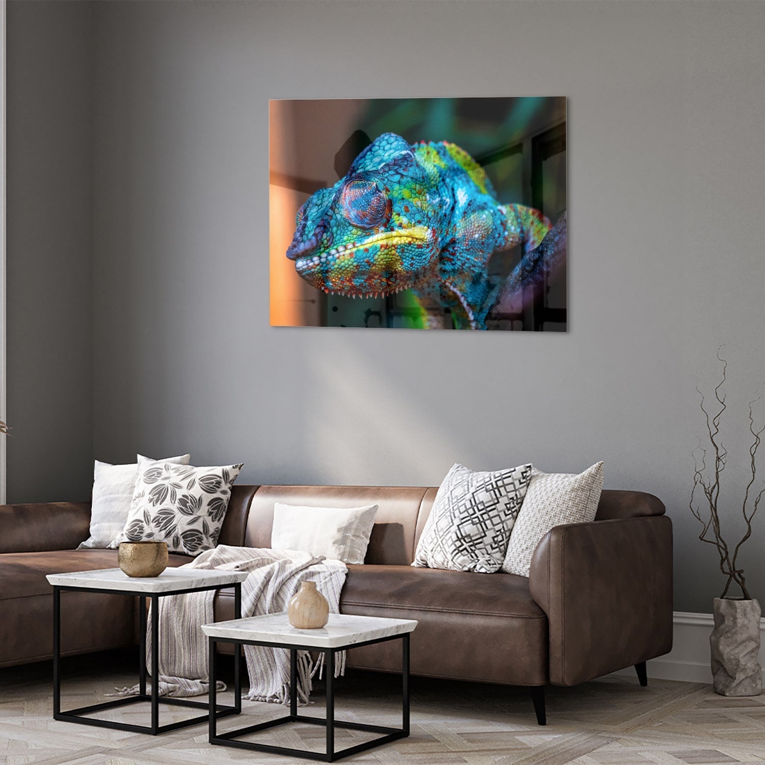 Farbenfrohes Chamäleon-Glasbild für Ihr Interieur