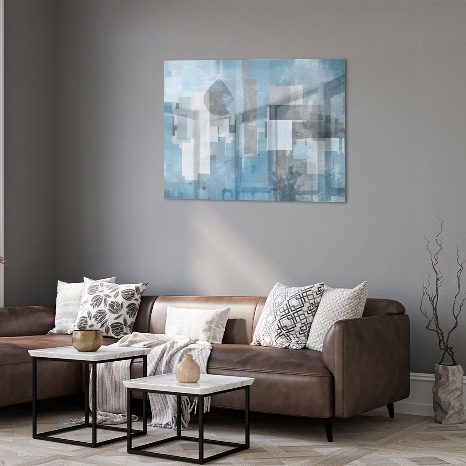 Abstraktes Glasbild in Blau und Grau