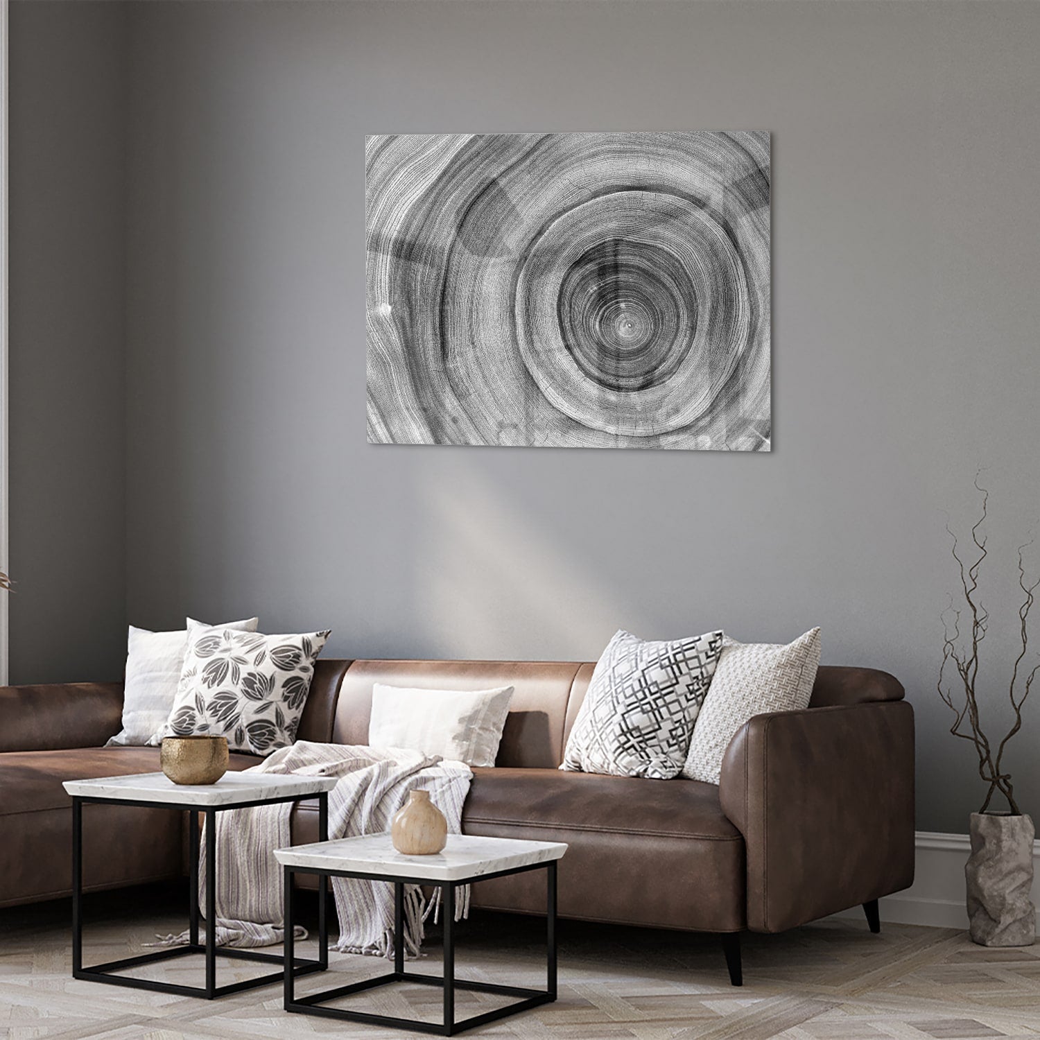 Abstraktes graues Glasbild mit Kreisen